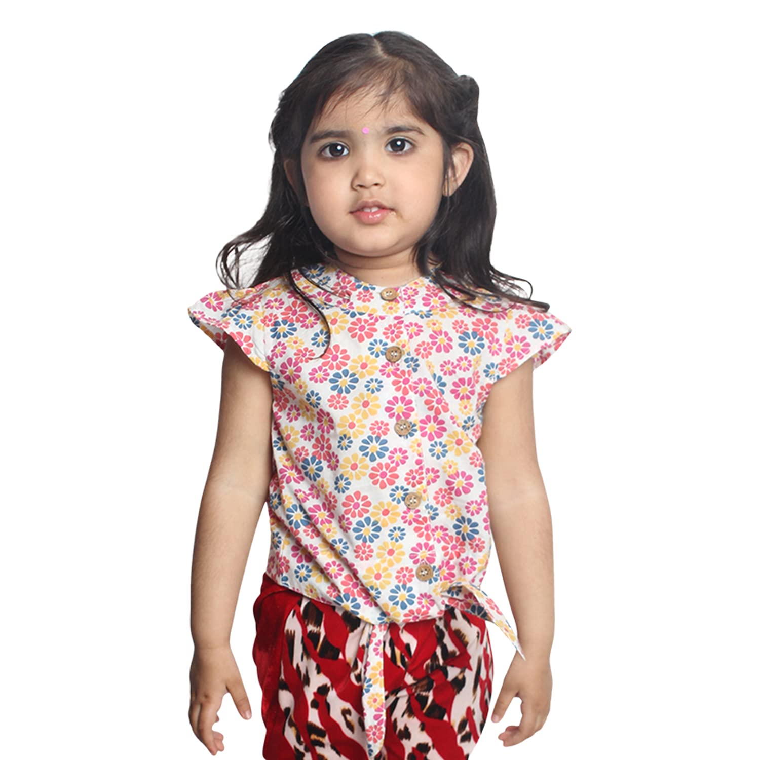 Nino Bambino 100% Organic Cotton Front Knot V Neck Cap Sleeve Multicolor Dress for Girls