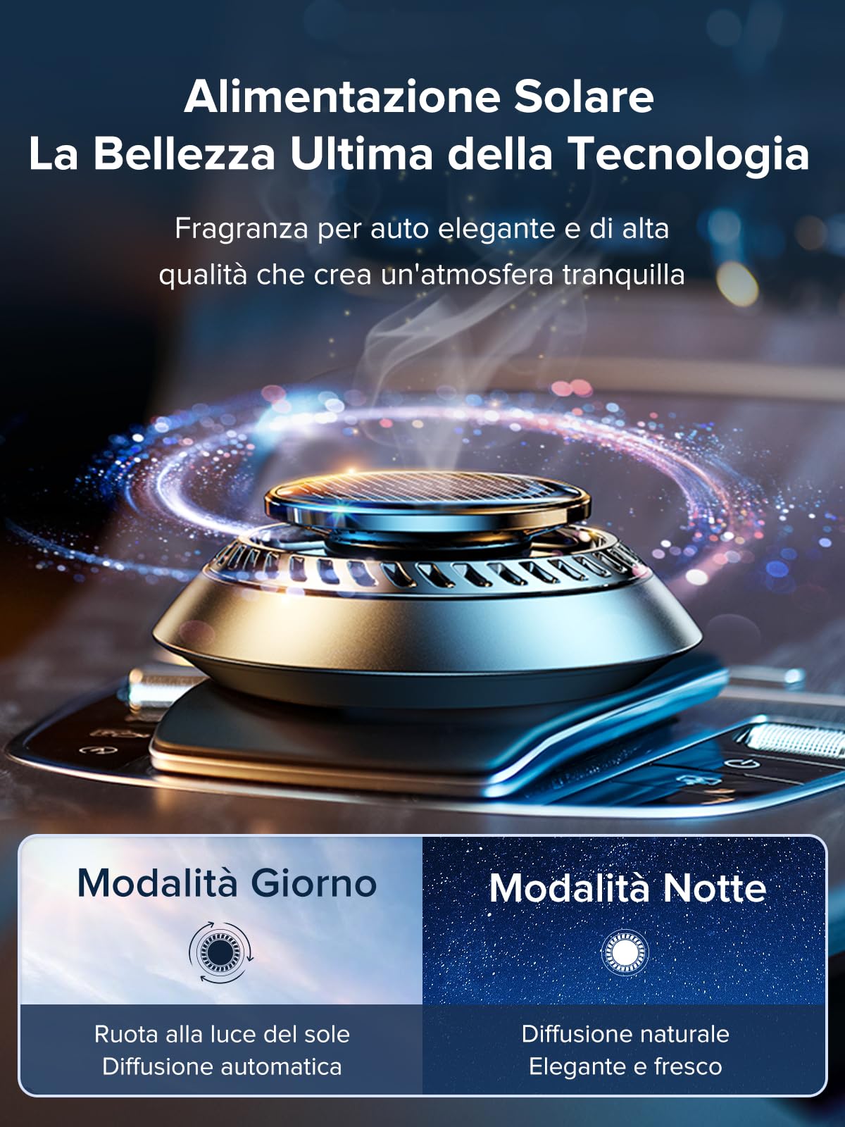Ceeniu Profumatore Auto F21, Nuovo Modello 2023, Deodorante Solare Rotante, Design UFO in Lega di Alluminio, Silenzioso, Fragranza Fai-da-te, Accessorio Premium, 2 Oli Essenziali Inclusi