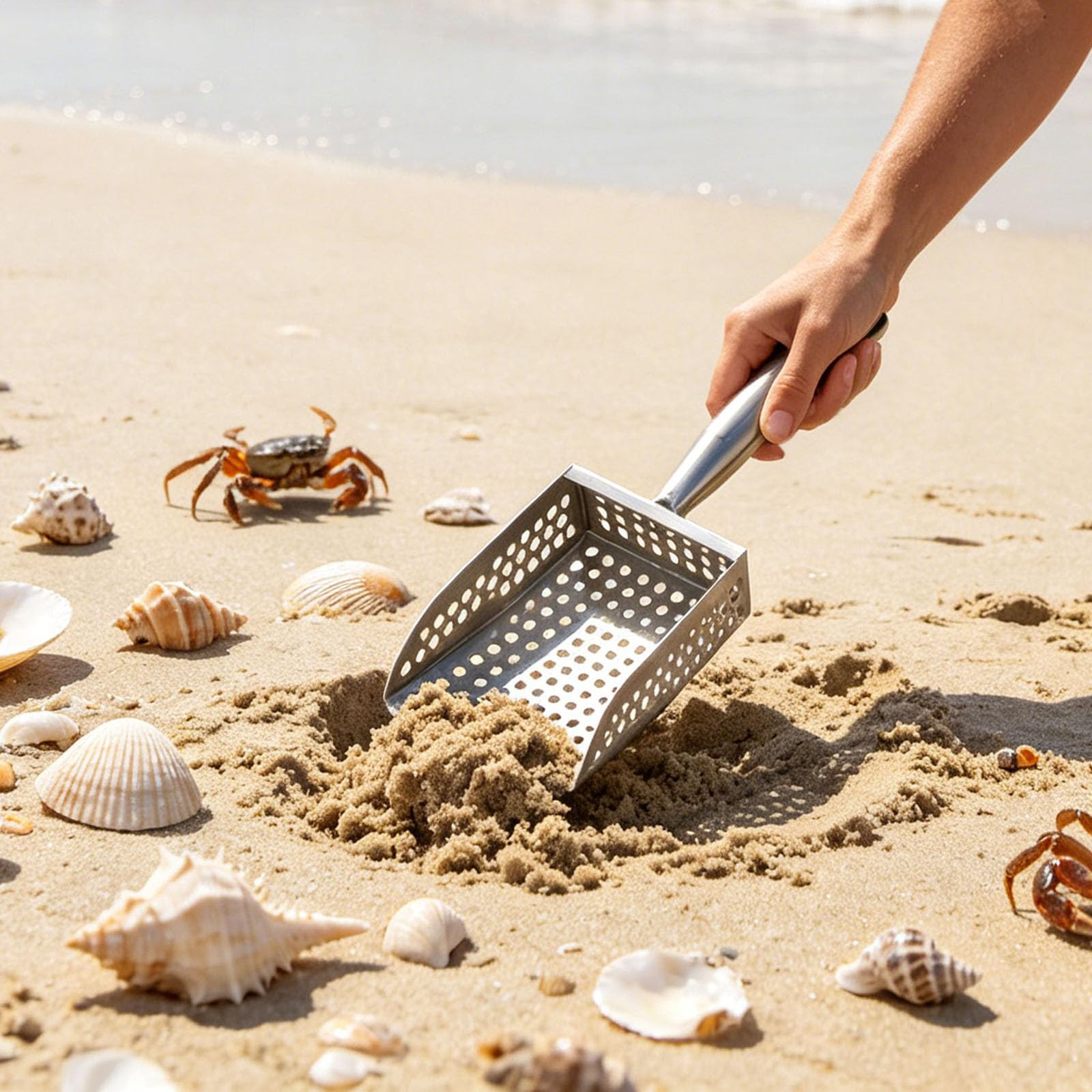 Râteau à sable, pelle à sable pour détection de métaux, tamis de plage en acier inoxydable robuste avec poignée, râteau et tamis pour la chasse au trésor et le peignage de plage (2)