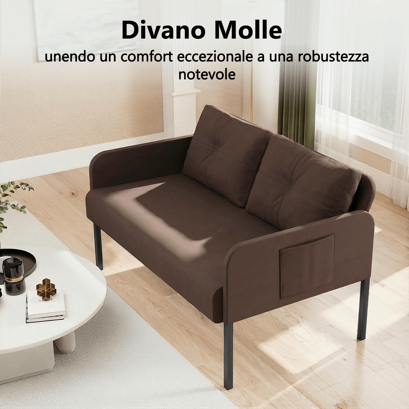 Fabulcozy,Divano 2 Posti, Piccolo Divano in Llino con Tasche Laterali, Struttura in Legno e 4 Gambe Metalliche,Iinclude 2 Cuscini, Facile Montaggio, Salvaspazio per Soggiorno o Appartamento(Marrone)