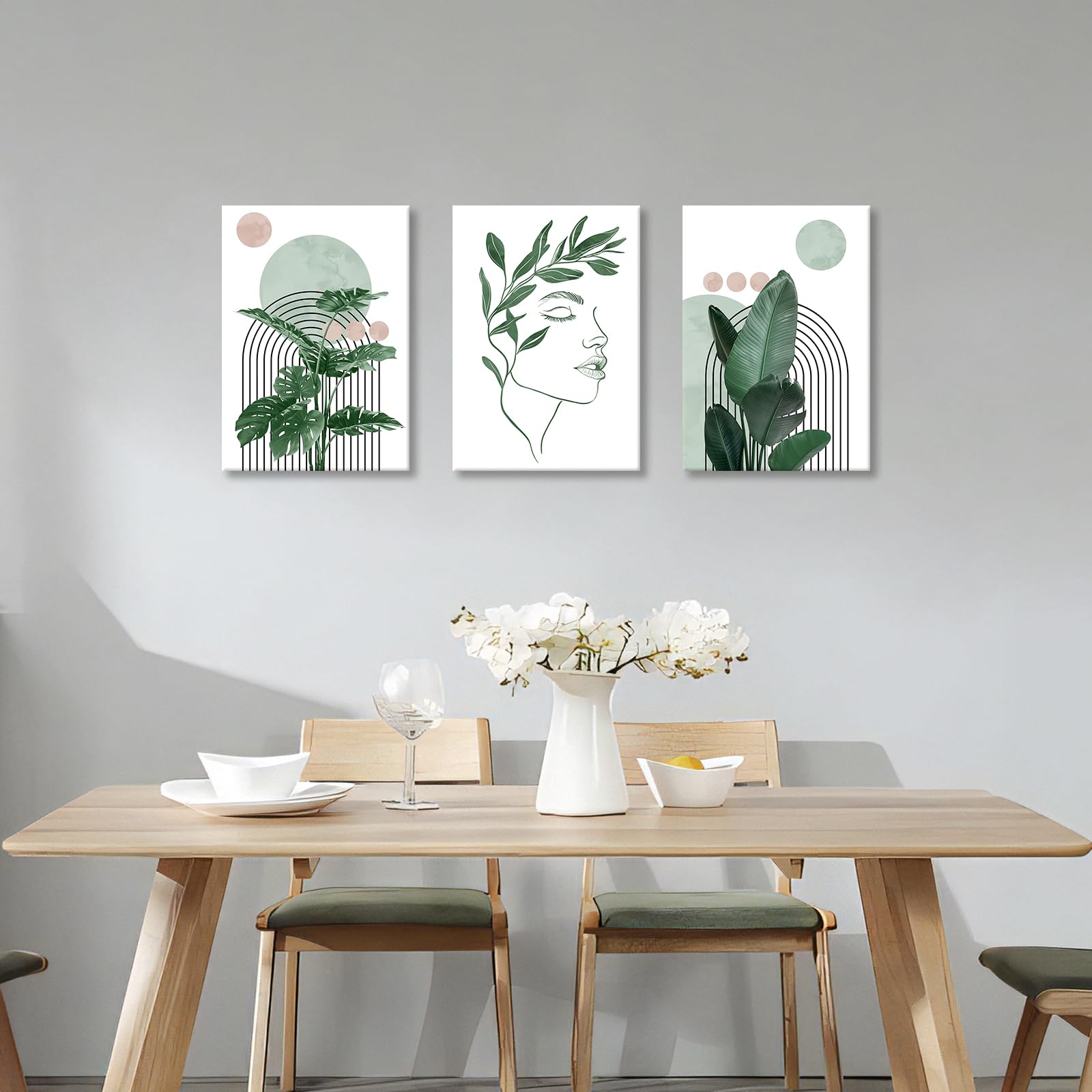 3 Pcs Wooden Framed Canvas Wall Art Set Bohemian Sage Green Canvas Prints Poster Geometric Line Beige Green Pictures for Living Room Bedroom Dinning Room Hallway Stairs Wall Decor 30x40cm x3pcs — view 349