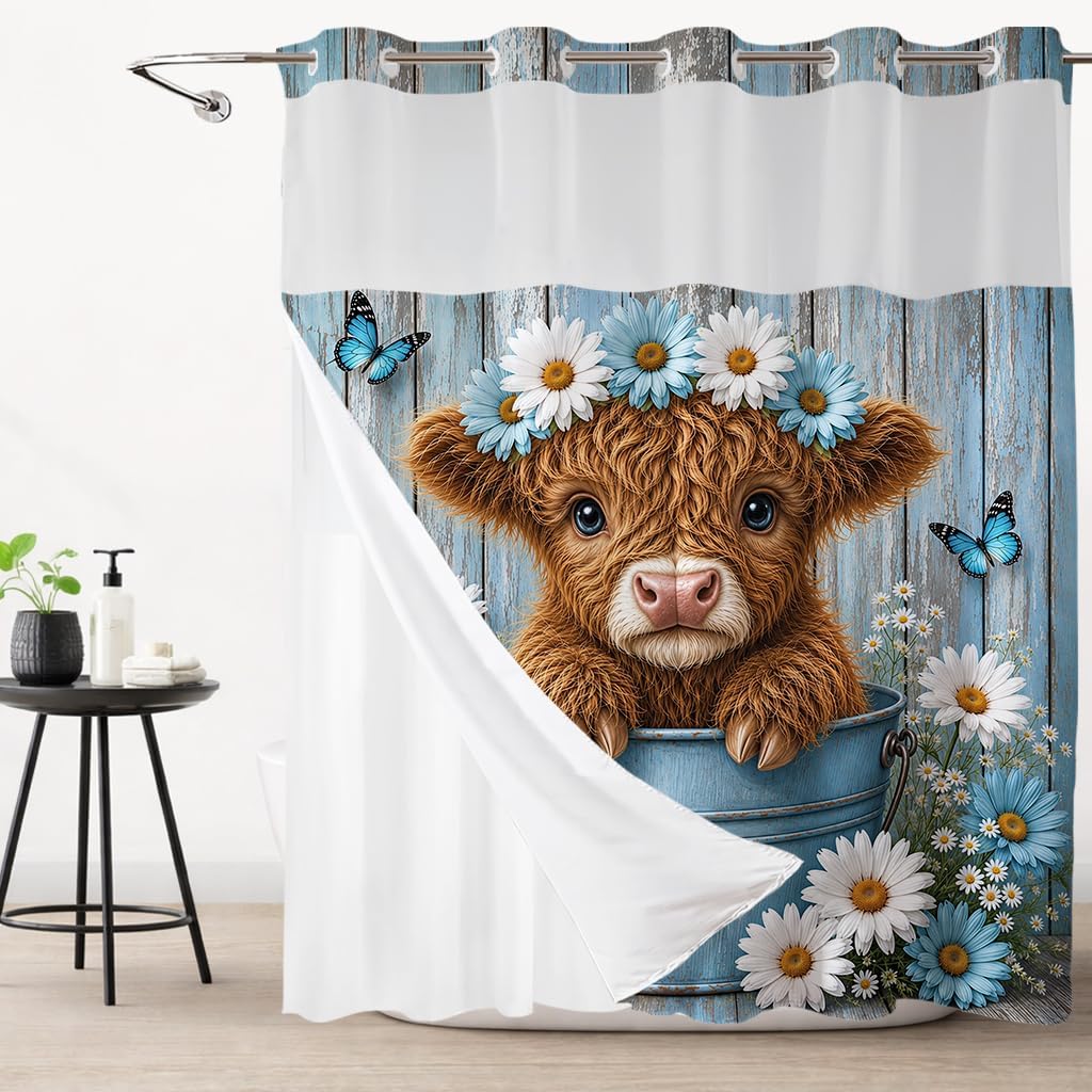 Farmhouse Cow Hookless Shower Curtain with Snap in Liner, Blue Daisy Floral and Cute Brown Cattle on Wood No Hook Shower Curtain and Liner Set for Bathroom Decor, 71W X 74L inches