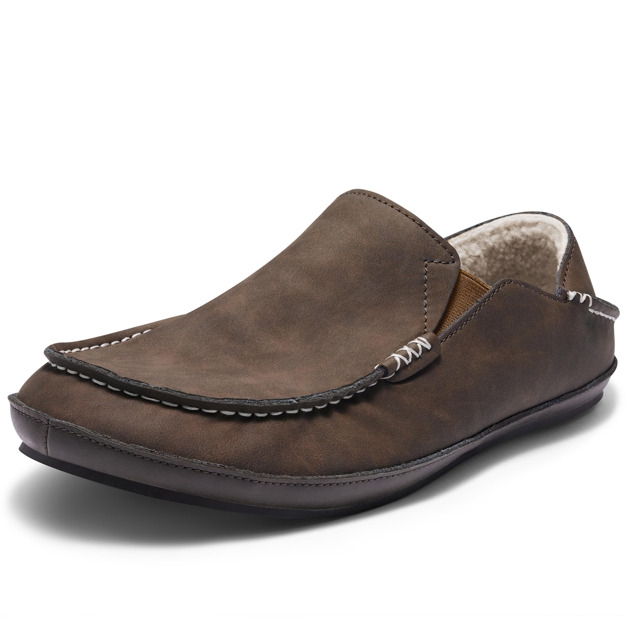 Mens Premium Everyday Moccasin Slippers Crafted Leather Upper Plush Shearling-Style Lining Removable PU Arch Support Insole with Deep