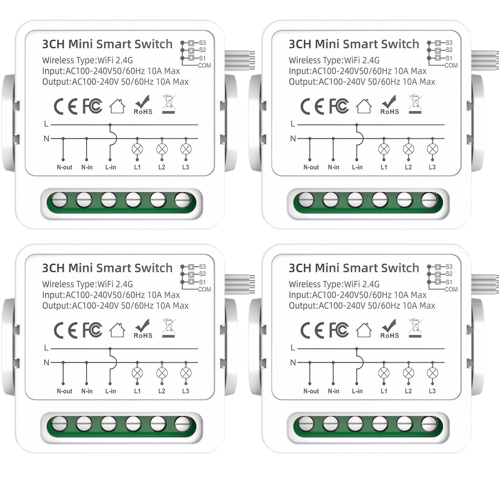 Mengshen 4 Pack WLAN Smart Relay Switch Mini Smart Switch Kein Gateway erforderlich Timing Funktion Kompatibel mit Alexa Google Home DIY Modus Heimautomatisierung Türsteuerung
