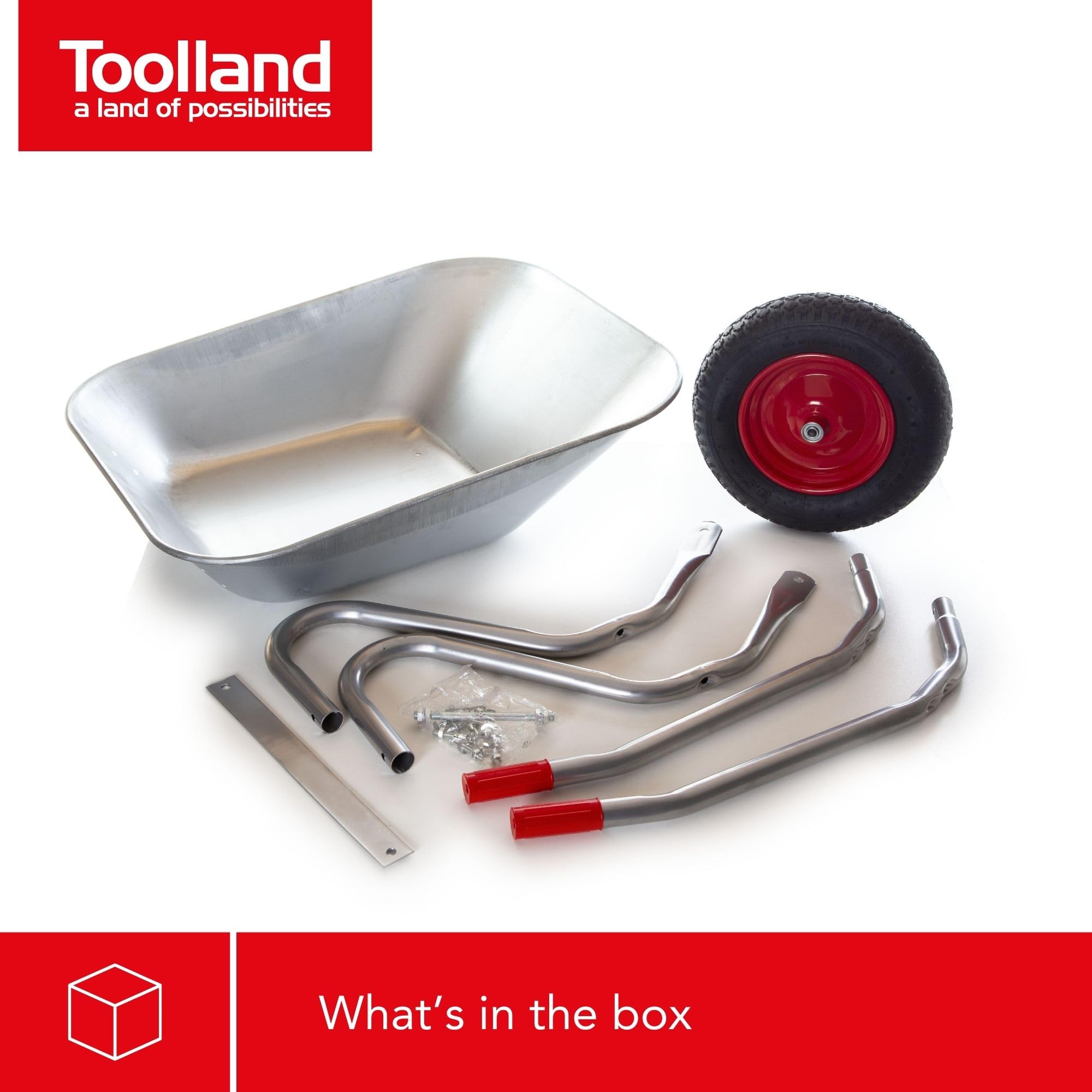 Toolland Carretilla 85 litros, Carretilla de Obra con Cuba de Acero galvanizado, Rueda neumática 350 mm, 12 kg Ligera, para jardín y construcción Arena Tierra escombros residuos
