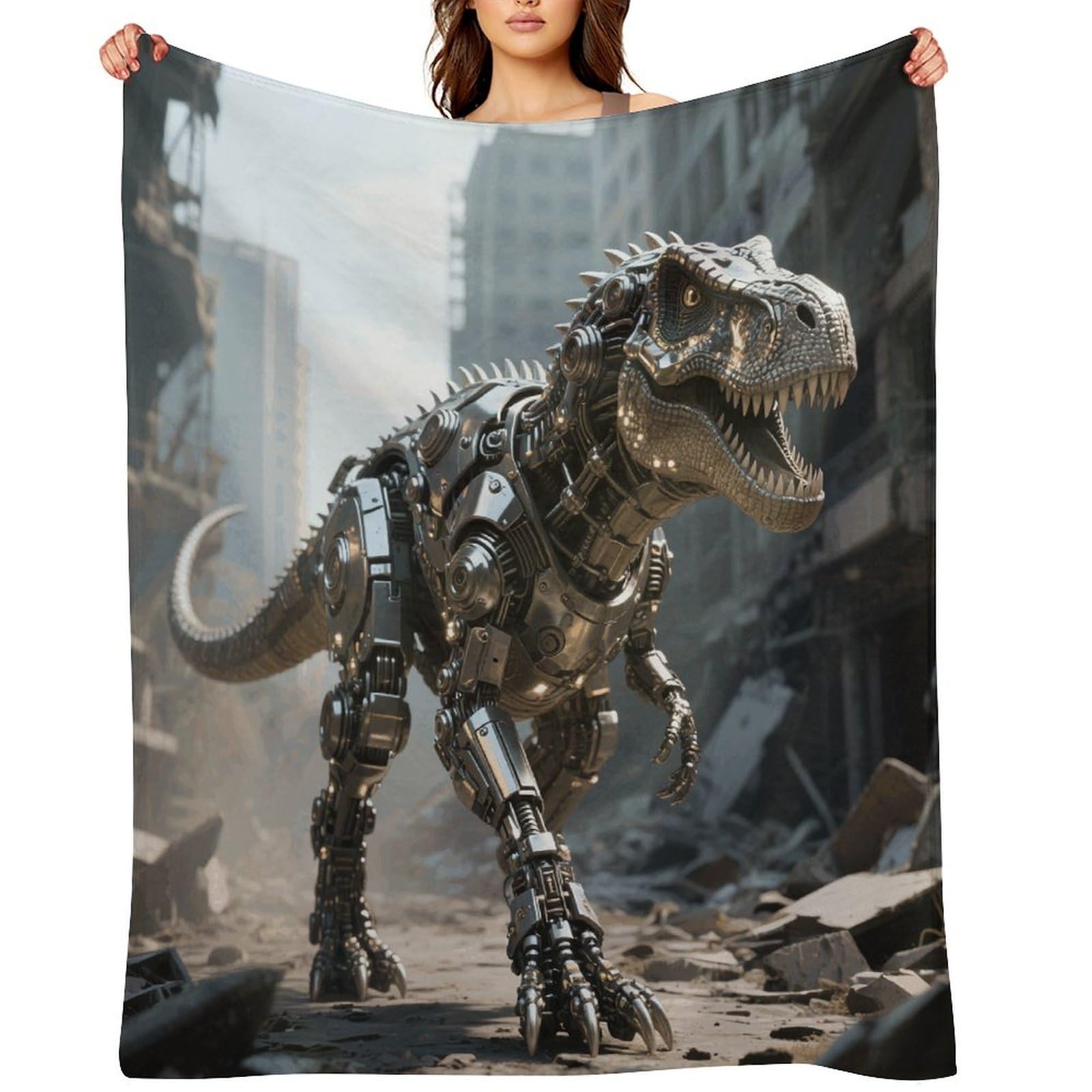 A Mechanical Dinosaur in A Ruined City Throw Blanket for Couch and Bed Super Soft Warm Lightweight Throw Blankets Cozy Fuzzy Flannel Blanket Personalized Decorative Blankets for Sofa Decor 50"x60"