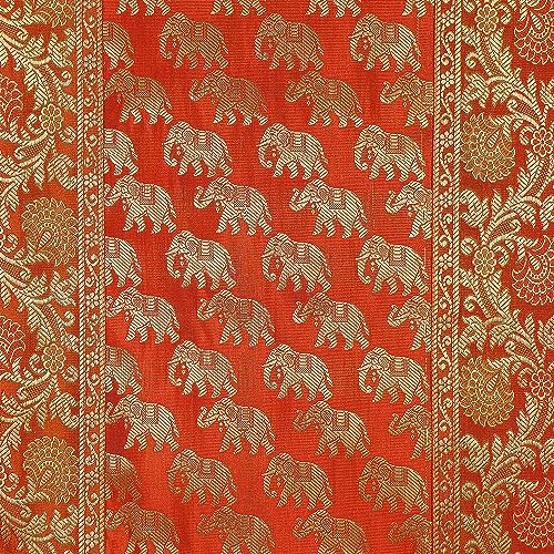 Image of Traditional Brocade Silk Table Runner for Living Room 4 to 6 Seater Dining Table Runner Elephant End Tassels 14x80 Inches (Orange)