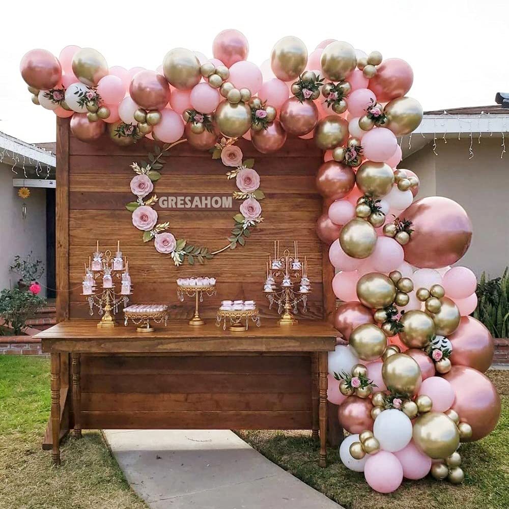 Rose Gold Balloon Arch Kit, 125Pcs Pink White Balloons Garland Kit with Shiny Metallic Rose Gold Balloons, Metallic Gold Latex Balloons for Princess Birthday Wedding Baby Shower Party Supplies