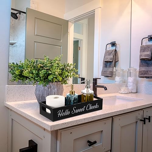 Miniatura 5 de Bandeja de baño acrílica para encimera, cesta de papel higiénico de 2 lados con divertido dicho Hello Sweet Cheeks, caja de baño, bandeja negra para