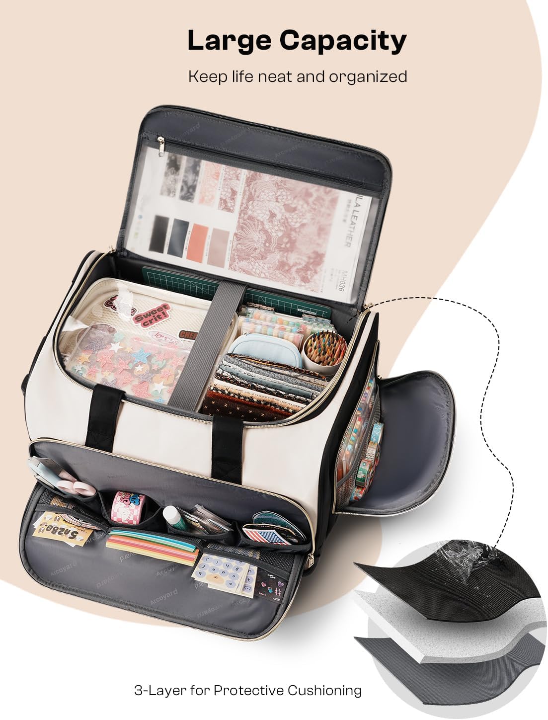 Rolling Craft Bag with Wheels, All-in-One Rolling Scrapbook Tote No Installation Required, Rolling Teacher Bag Fits 16” Laptop, Art bags for supplies for DIY, Sewing, Scrapbooking Supplies,Beige Brown - Image 2