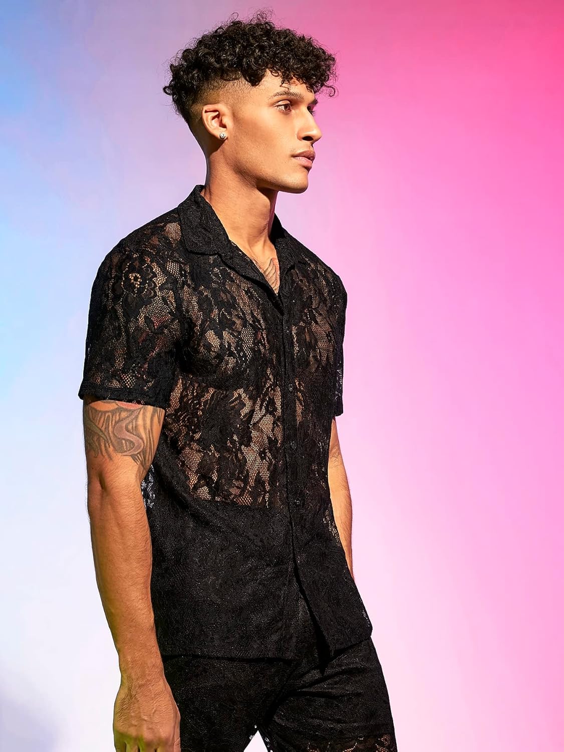 WDIRARA Men's Floral Mesh Tee Top Sheer Round Neck Short Sleeve T Shirts - Image 2