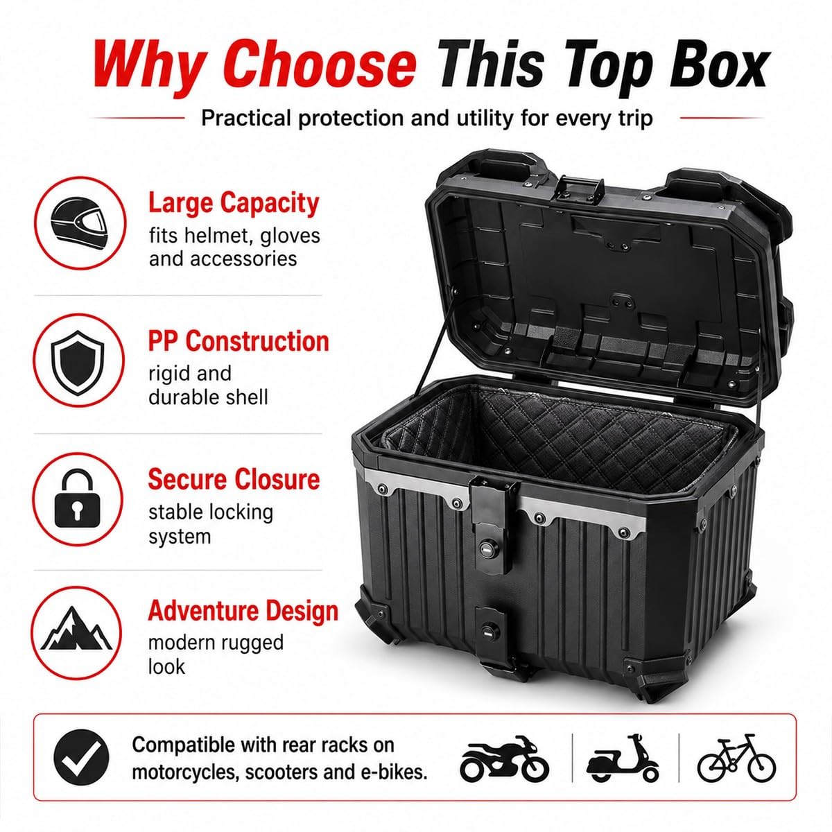Bauletto Moto 45L 40x33x33cm Nero Opaco Baule Posteriore con Doppia Serratura Piastra a Sgancio Rapido Rivestimento Imbottito Valigia Universale per Scooter E Bike Pendolari Viaggi