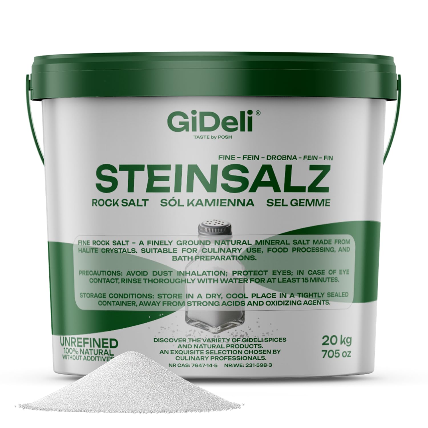 GiDeli Sel gemme fin, 20 kg, naturel, non raffiné, sans additifs, pour la cuisine, la transformation des aliments, les salles de bains