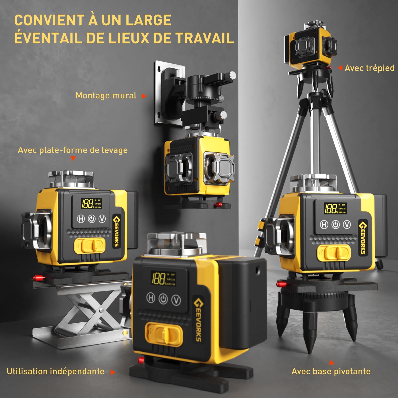 Geevorks Niveau Laser 360 Autonivelant, 4D 16 Lignes Autonivelant, Portée 25m avec Trépied 1.2m, 2x2400mAh Batteries, IP54 avec Télécommande & Support Mural