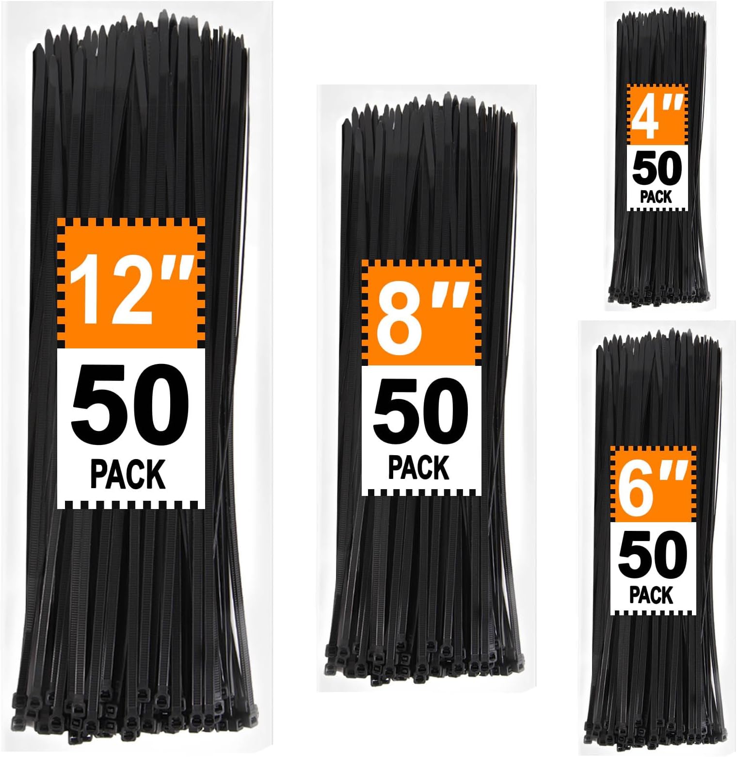 LOCKLOCK Zip Ties Assorted Sizes 4+6+8+12 inch, 200 Pack, Black Cable Ties, UV Resistant Wire Ties for Indoor and Outdoor Use,