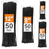 Zip Ties Assorted Sizes 4+6+8+12 inch, 200 Pack, Black Cable Ties, UV Resistant Wire Ties for Indoor and Outdoor Use, LOCKLOCK