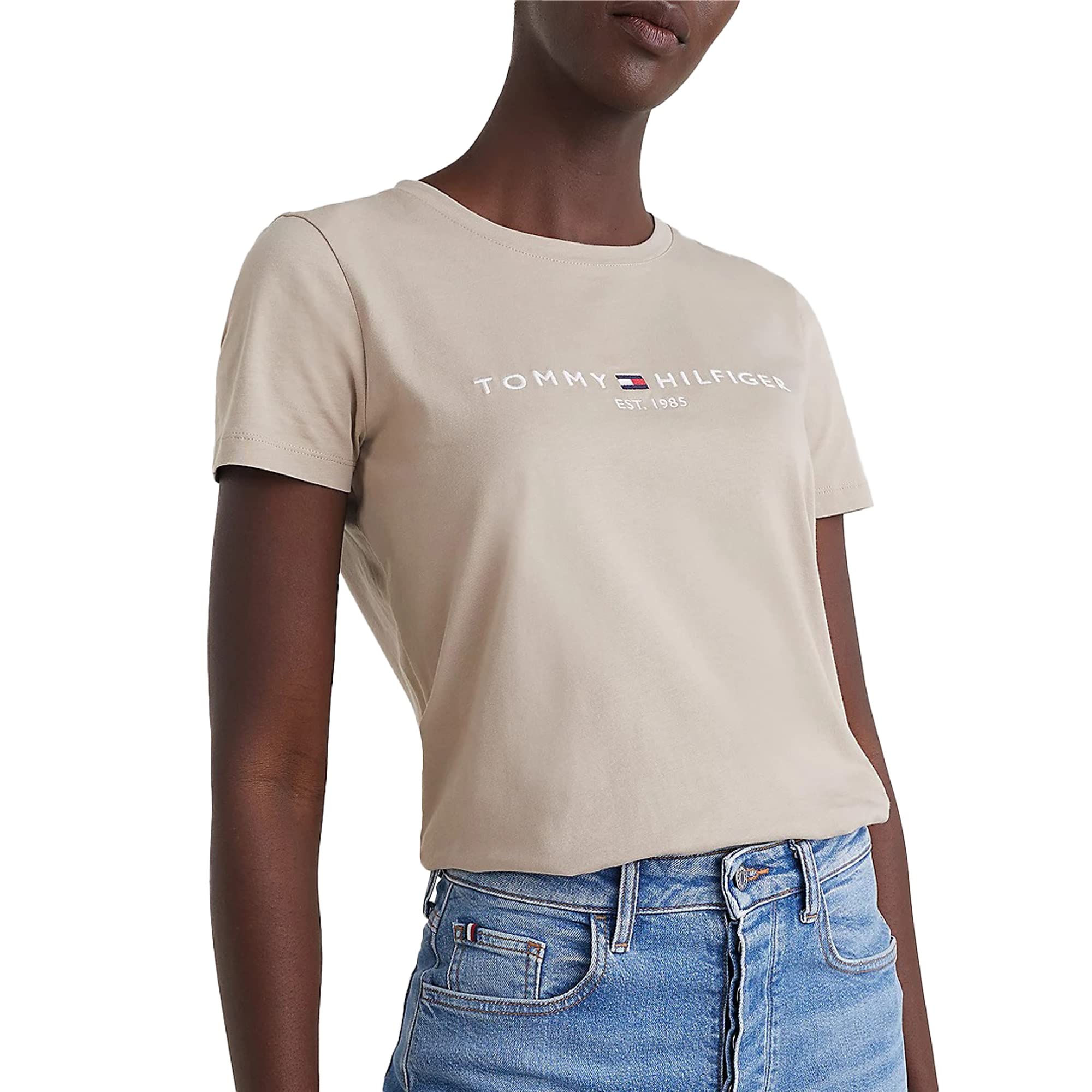 Tommy Hilfiger Damen Regular Hilfiger C-nk Tee Ss T-Shirt, Beige, XXL