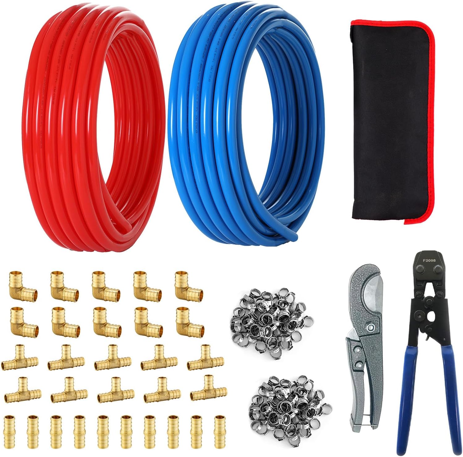 1/2 Inch Seelink PEX-B Pipe, 2 x100 ft (200 ft) Pex B Tubing with Pex Cinch Clamp Crimping Tool and Pipe Cutter In Heavy-Duty Canvas Bag, 30pcs Fittings & 100pcs Rings