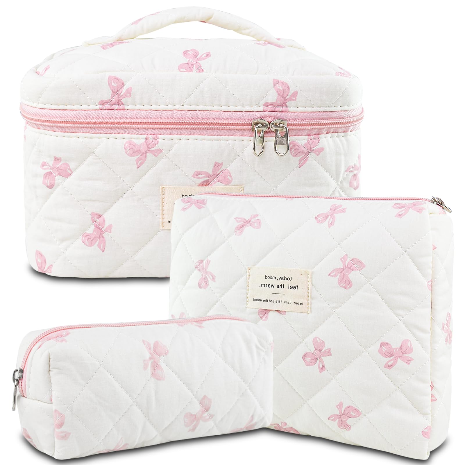 AMZMA Makeup Bag, 3 PCS Quilted Makeup Bag, Cute Floral Cotton Cosmetic Bag set, Coquette Makeup Pouch Large Travel Toiletry Bag