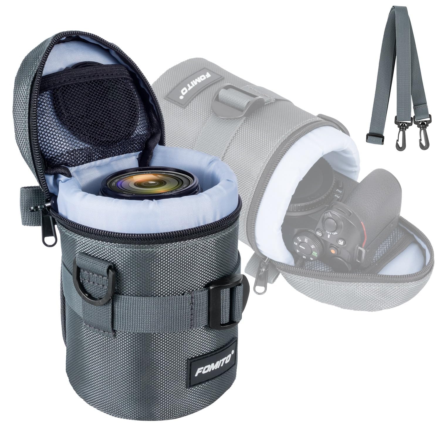 FOMITO Housse pour objectif d'appareil photo Canon EF-S 17-55 mm/17-85 mm, EF 35 mm f2, Nikon AF-S 18-200 mm/18-105 mm/18-300 mm, Fujifilm XF 56 mm f1.2 R et autres objectifs inférieurs à 10 cm x 15,5