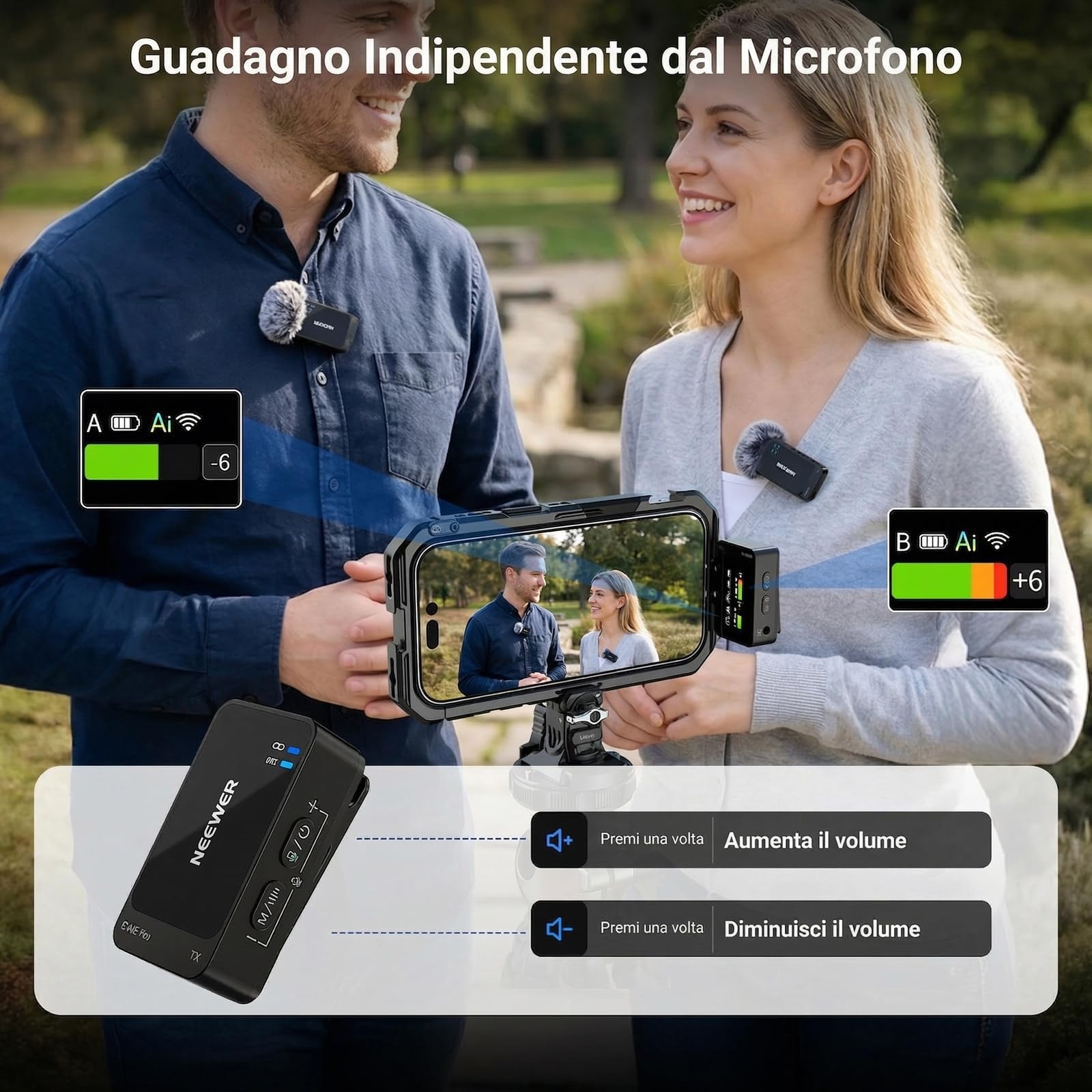 NEEWER CM26 Pro Microfono Wireless AI Compatibile con iPhone Android Telefono Fotocamera PC, Mic Lavalier Anti Rumore DSP/MCU Guadagno Muto Taglio Basso 48kHz/24bit SNR 88dB Batteria 50H Portata 100m