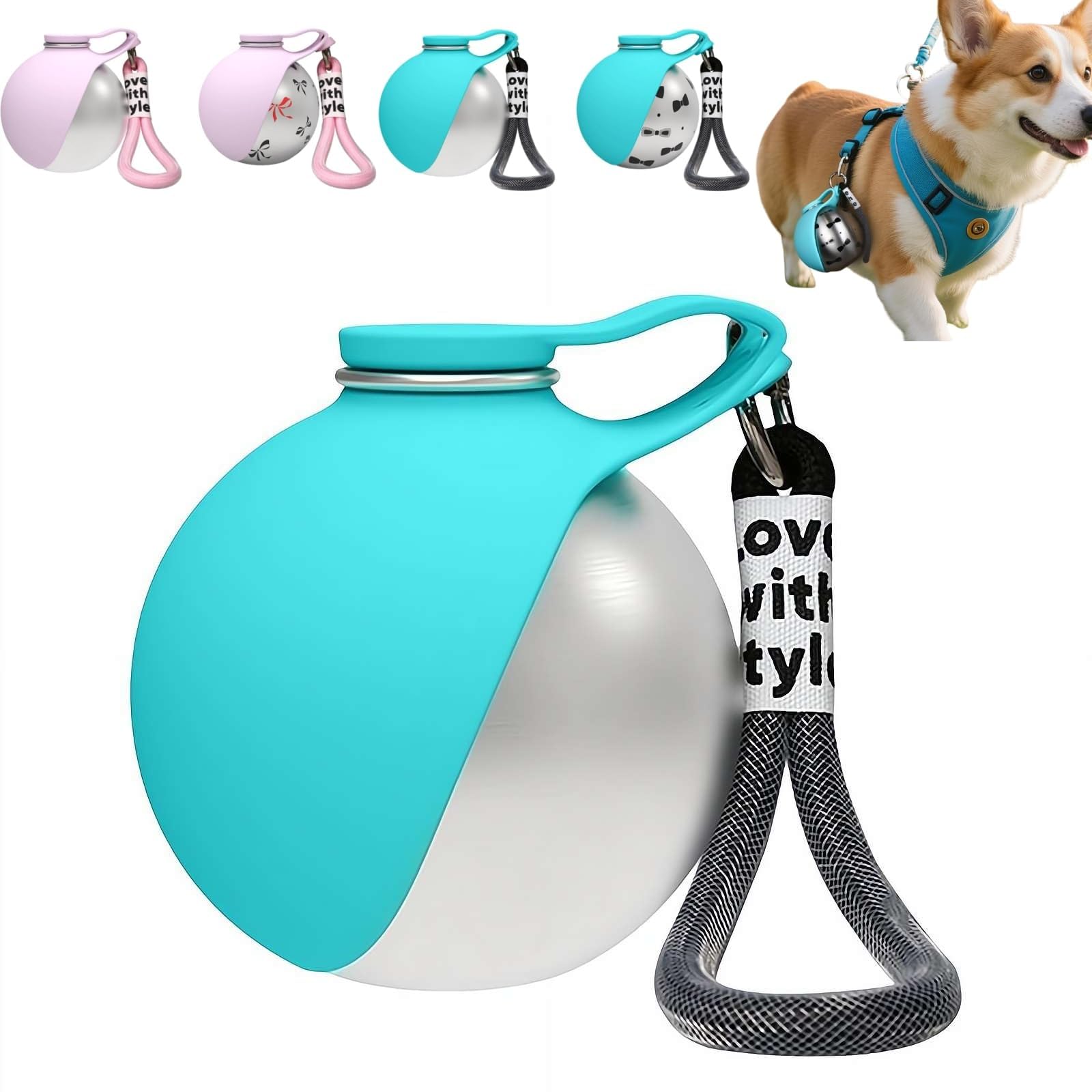 Portable Dog Water Bottle with Bowl: 2-in-1 Dog Travel Water Bottle for Small Dogs, Leak-Proof Stainless Steel Pet Water Bottle with Foldable Silicone Bowl & Lanyard for Walking Hiking Travel (Cyan)