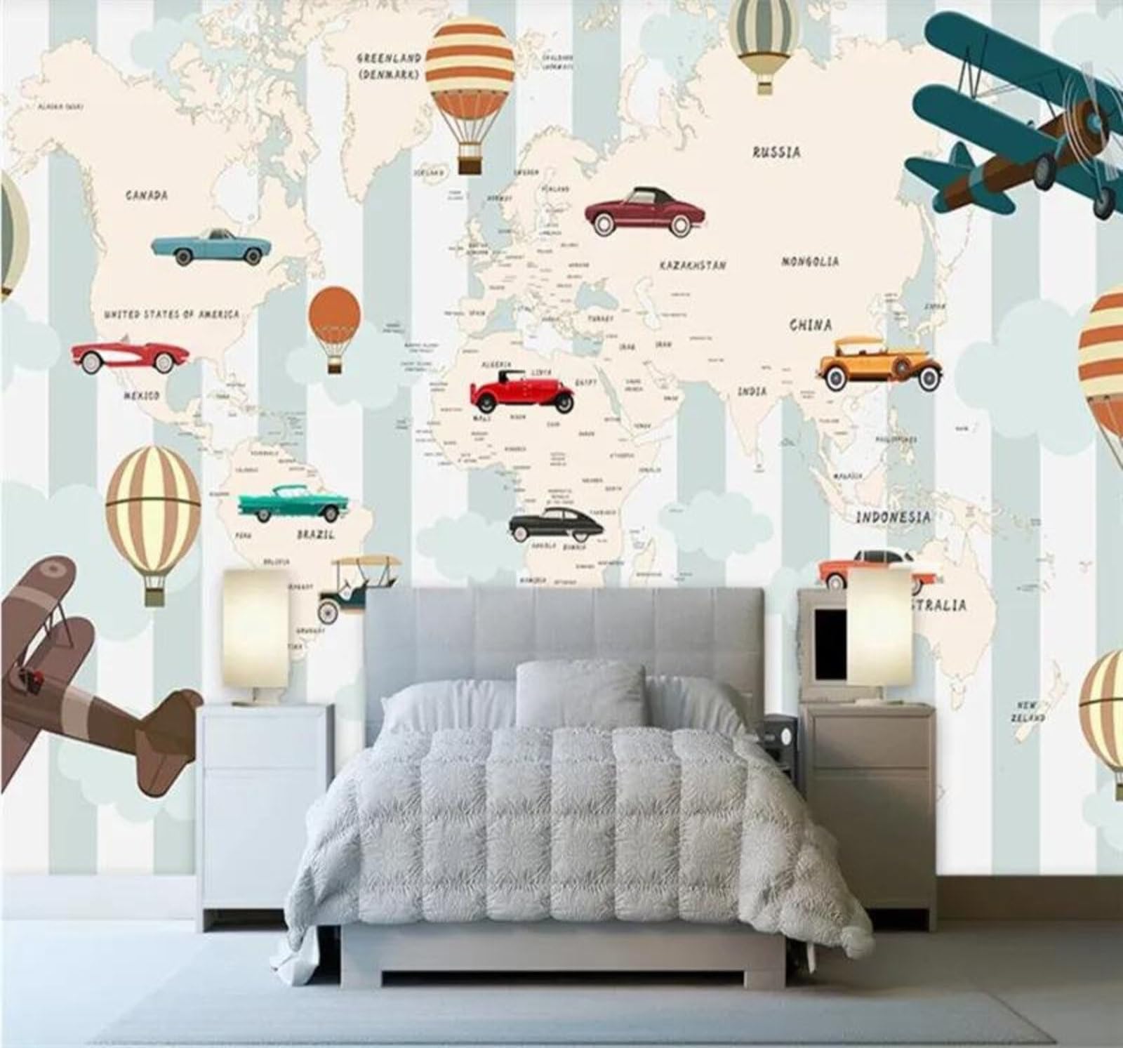 Tzxztt 430Cm×300Cm(B×H) Cartoon Aeroplane Hot Air Balloon Car World Map Modern 3D Wallpaper Premium Textured Silk Neutral Tones Material Ideal For Living Room Bedroom-430Cm×300Cm