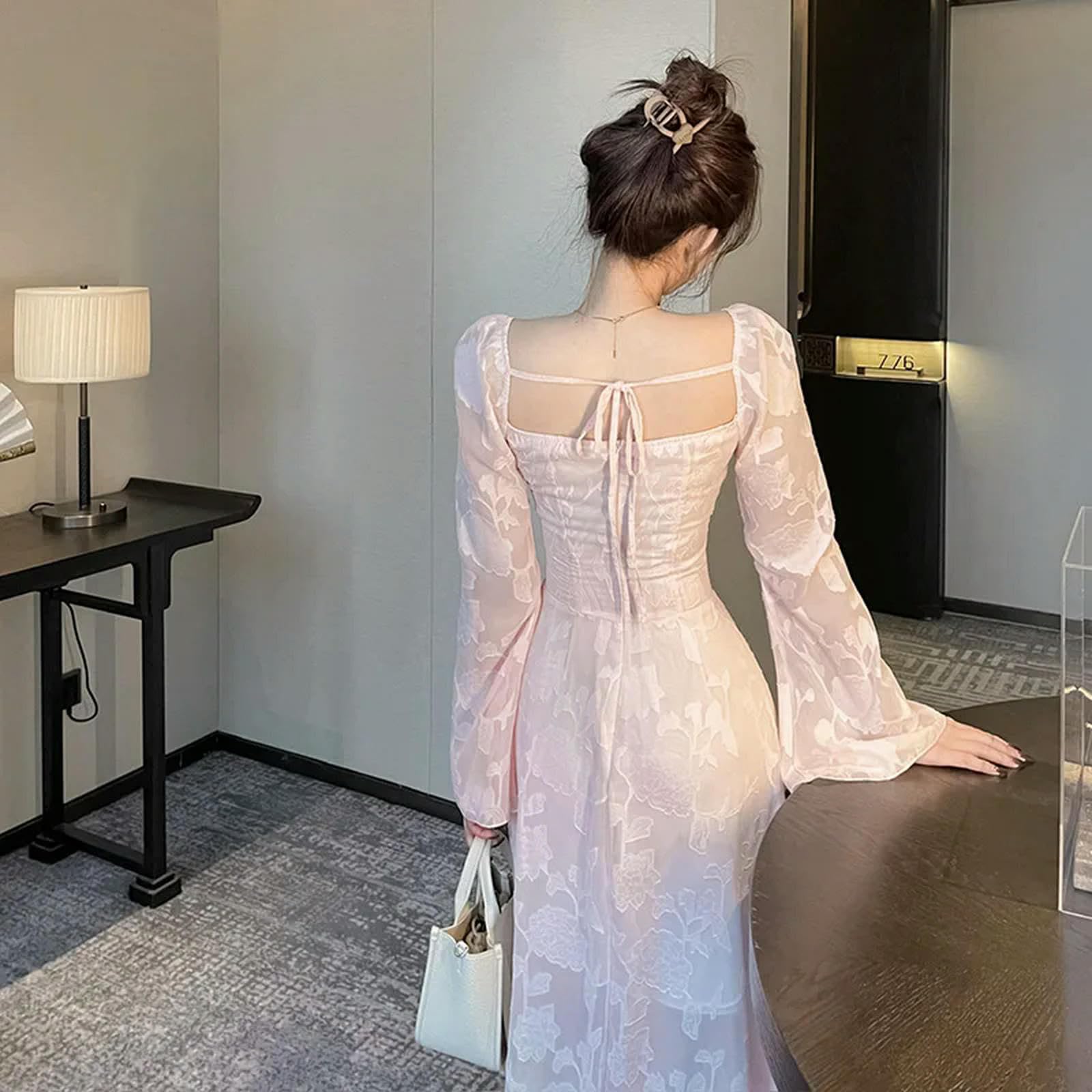Vestido Elegante de Moda para Damas, con Escote en V, Manga Acampanada y Escote en V, Color Rosa, Talla S