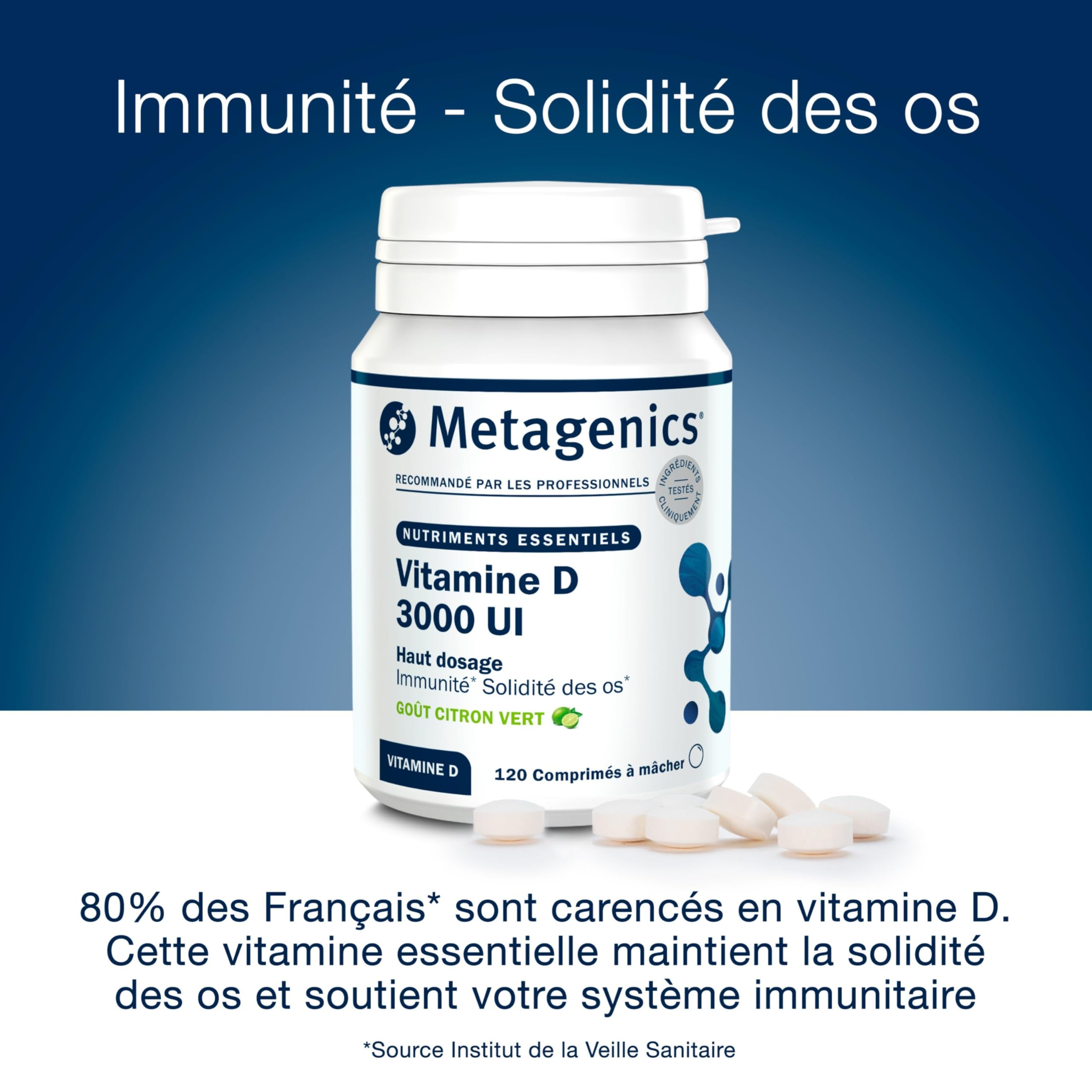 Metagenics Vitamine D3 3000 UI - Haute Dose 75 µg - Soutien Immunitaire & Santé des Os - Sans Gluten, Sans Lactose, Végétarien - 120 Comprimés à Mâcher Goût Citron Vert - 4 Mois