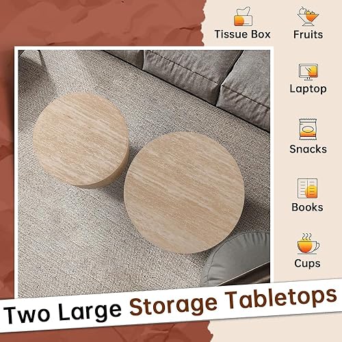 Miniatura 5 de Juego de 2 mesas de centro anidadas redondas modernas, mesa de café pequeña redonda, mesa auxiliar de travertino, mesa de centro pequeña, mesas