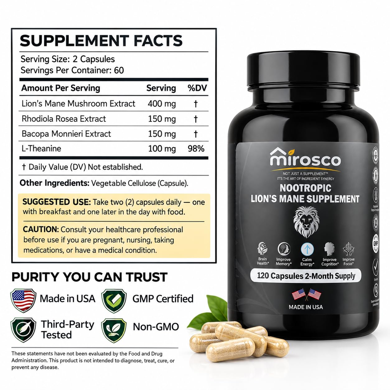 Lions Mane Mushroom Capsules 800 mg with Mushroom Extract, Rhodiola, Bacopa & L-Theanine – Nootropic Brain Health Supplements for Memory, Focus & Mental Clarity – Vegan, Non-GMO – 120 Capsules — Amazon image 4