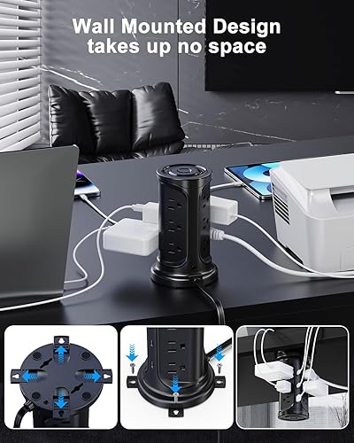 Miniatura 6 de Regleta de alimentación con protector de sobretensiones de torre con 8 salidas de CA, 3 puertos USB (2 tipo C), cable de extensión ultra plano de