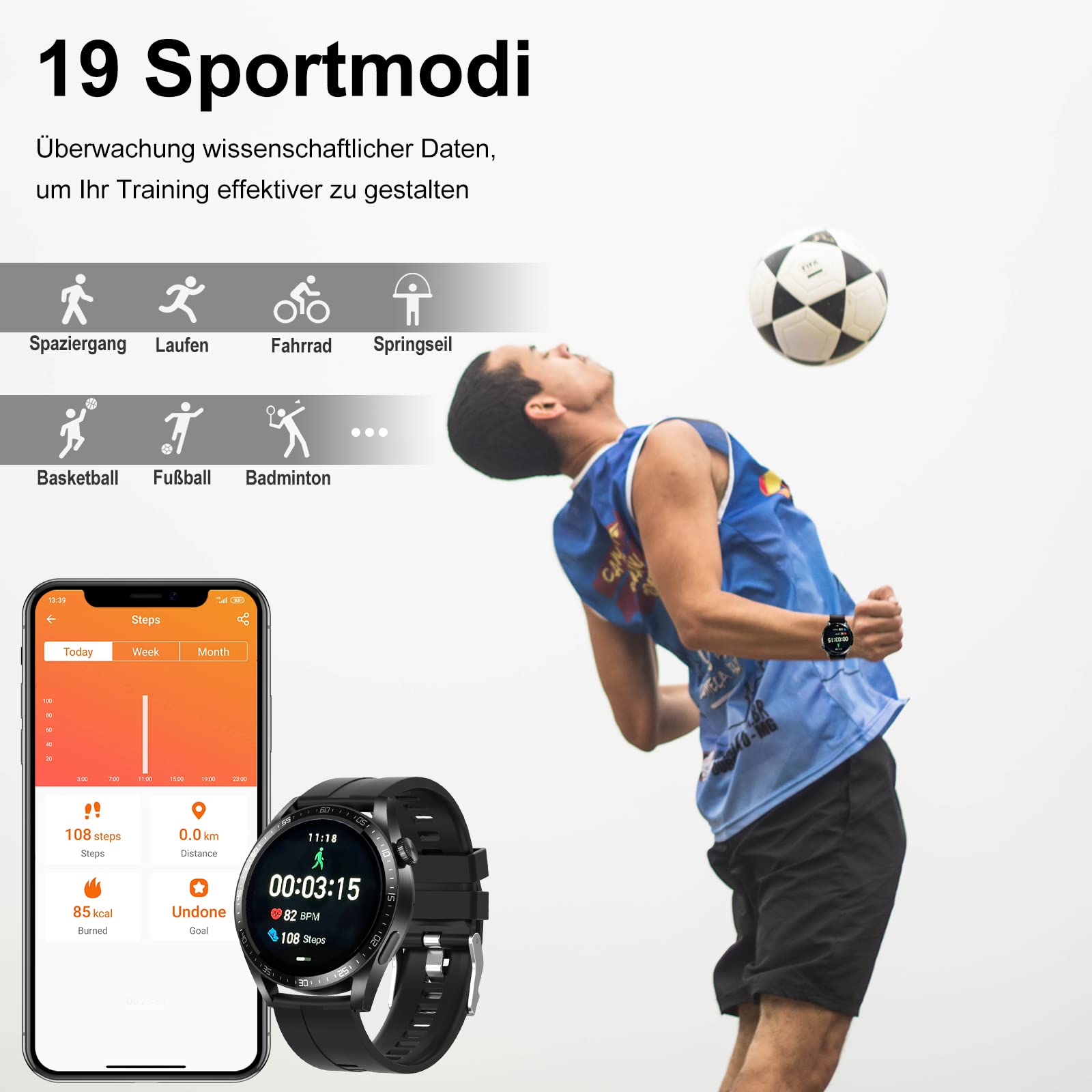 Smartwatch męski z funkcją telefonu, ekran dotykowy 1,32", zegarek sportowy, z asystentem głosowym, wodoszczelność IP67, monitor ciśnienia krwi, kontakty z systemem iOS i Android (czarny)