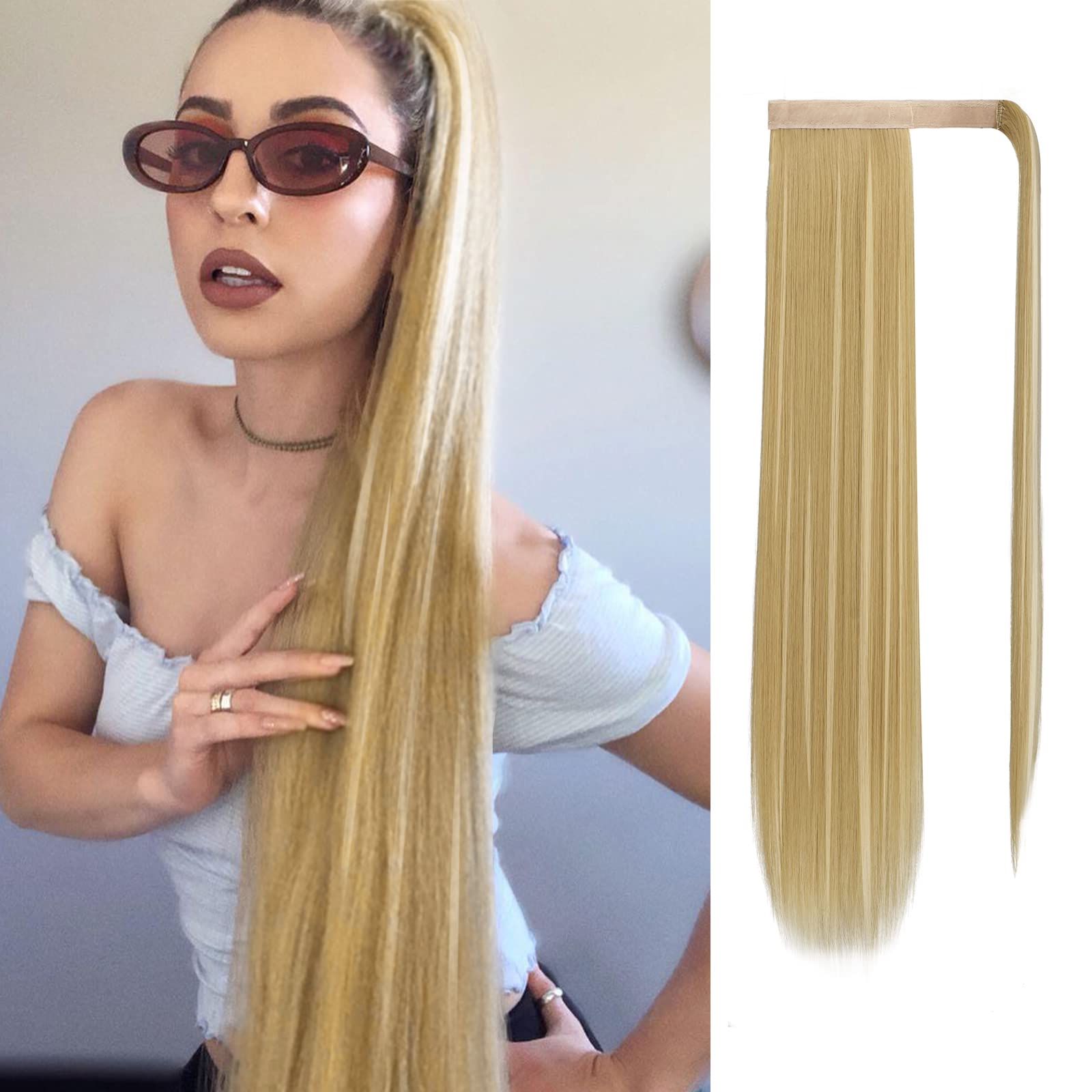 SOFEIYANLong Straight Ponytail Extension 26 inch Wrap Around Ponytail Synthetic Hair Extensions Clip in Ponytail Hairpiece for Women, Ash Blonde & Bleach Blonde
