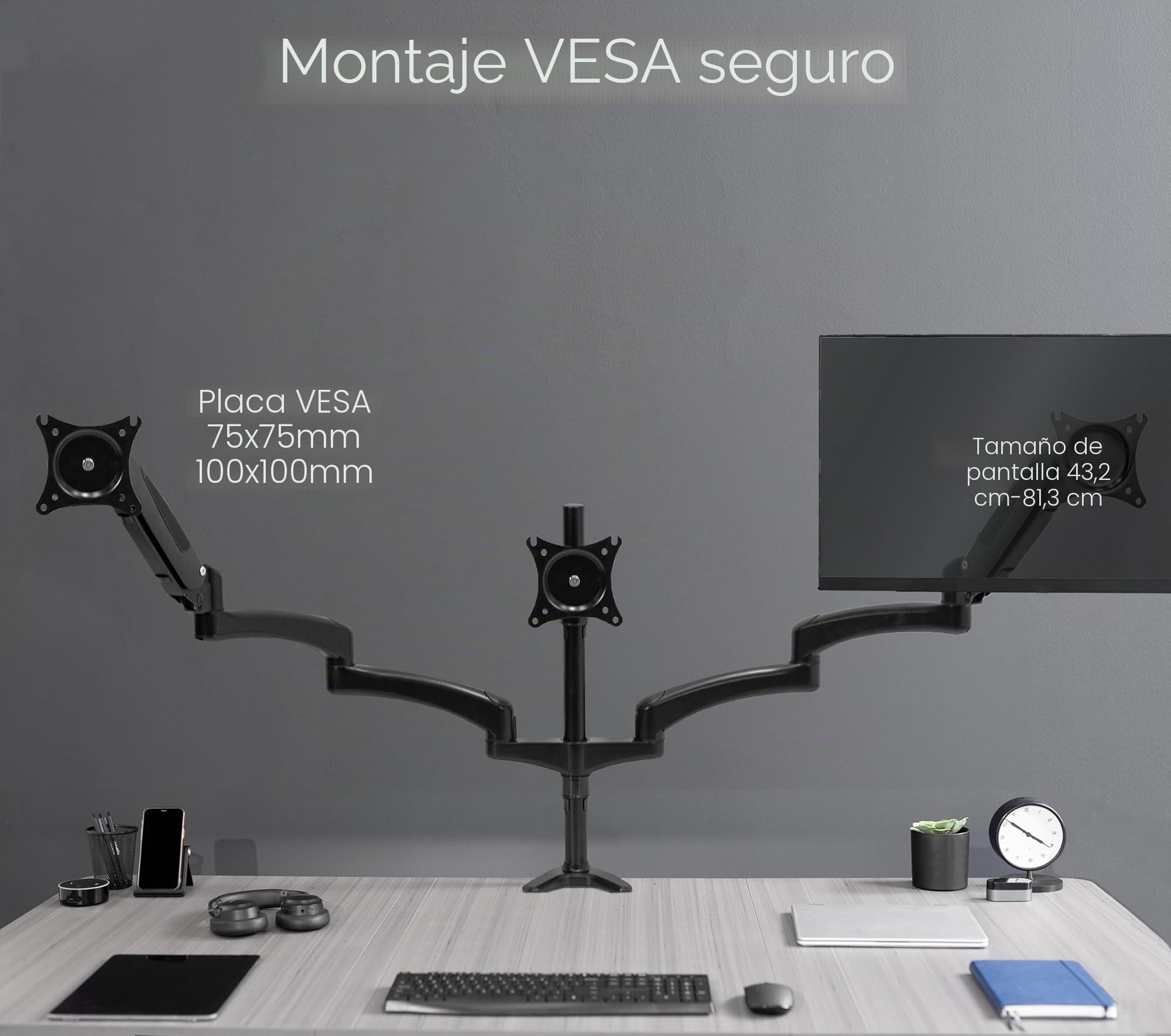 Vivo Soporte neumático Triple para Monitor para 3 Pantallas de hasta 32 Pulgadas, Totalmente Ajustable, Soporte de Escritorio Resistente con Ojal de Abrazadera en C, Negro, STAND-V300G