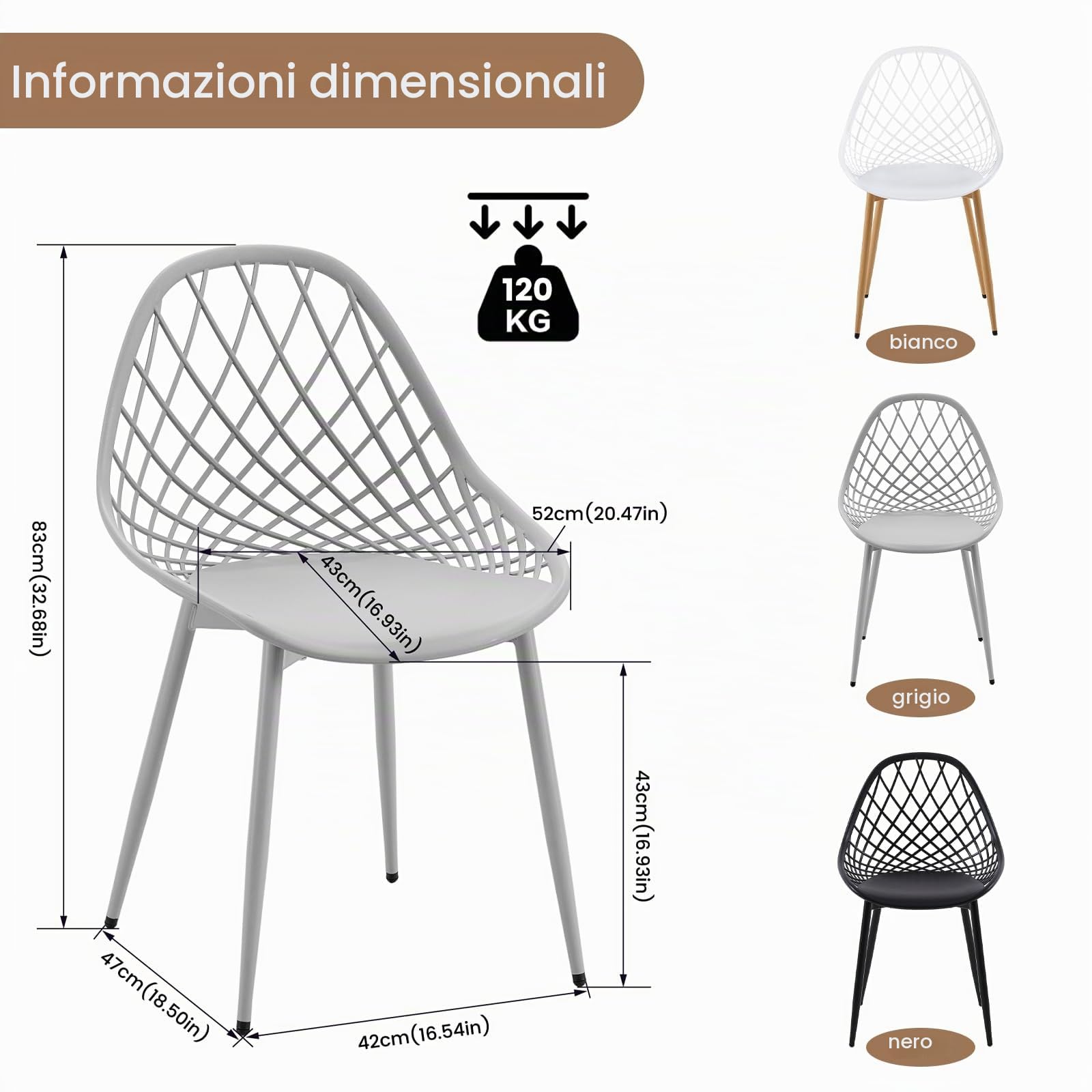 buybyroom Sedia scandinava Set di 4 sedie da pranzo con gambe in metallo, gambe regolabili per sala da pranzo, soggiorno, cucina e camera da letto, grigio