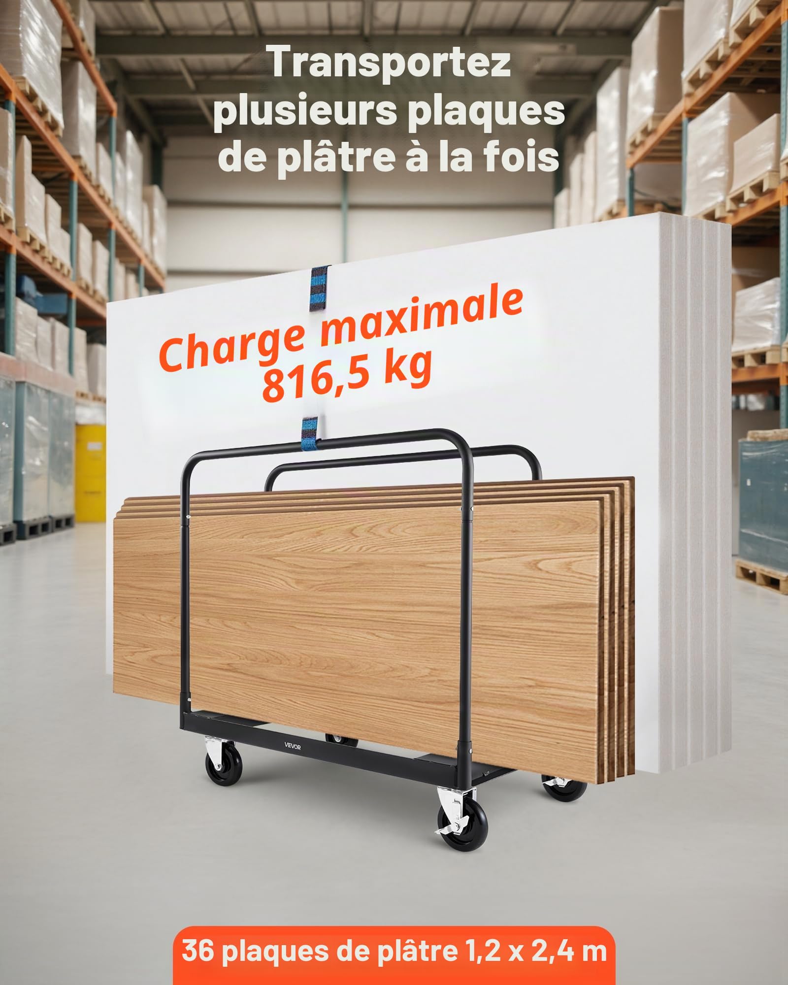 VEVOR Chariot Porte-plaques de Plâtre, Charge 816,5 kg, Chariot Porte-panneaux de Cloisons Sèches, avec Roulettes Pivotantes, Sangle d'Arrimage, Rampes Latérales, pour Transport, Usine, Entrepôt, Noir