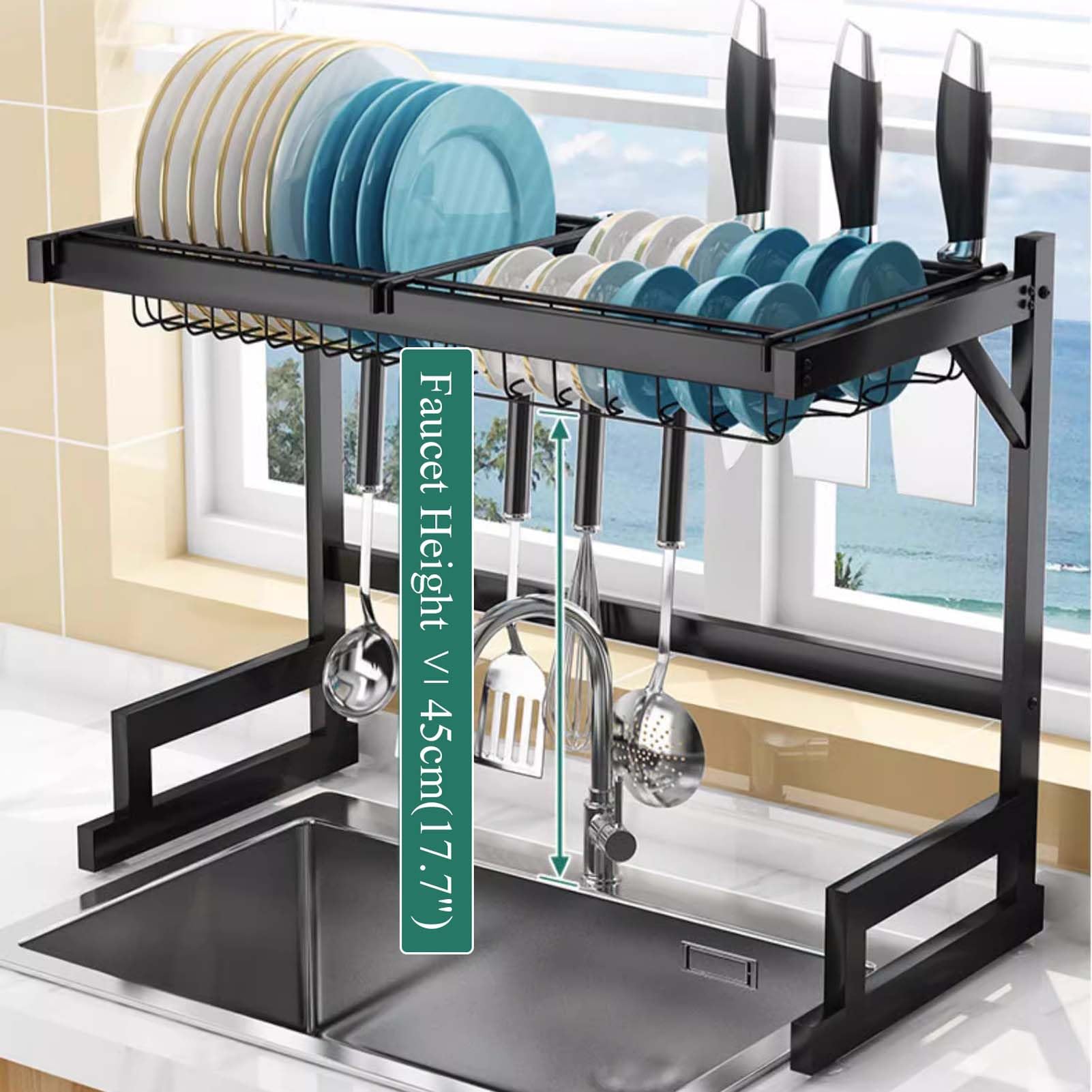 Escurridor de Platos para encimera de Cocina sobre el Fregadero, 90 x 30 x 50 cm, escurridor de Platos Negro sobre el Fregadero, escurridor de Acero Inoxidable para Cocina, Estante organizad