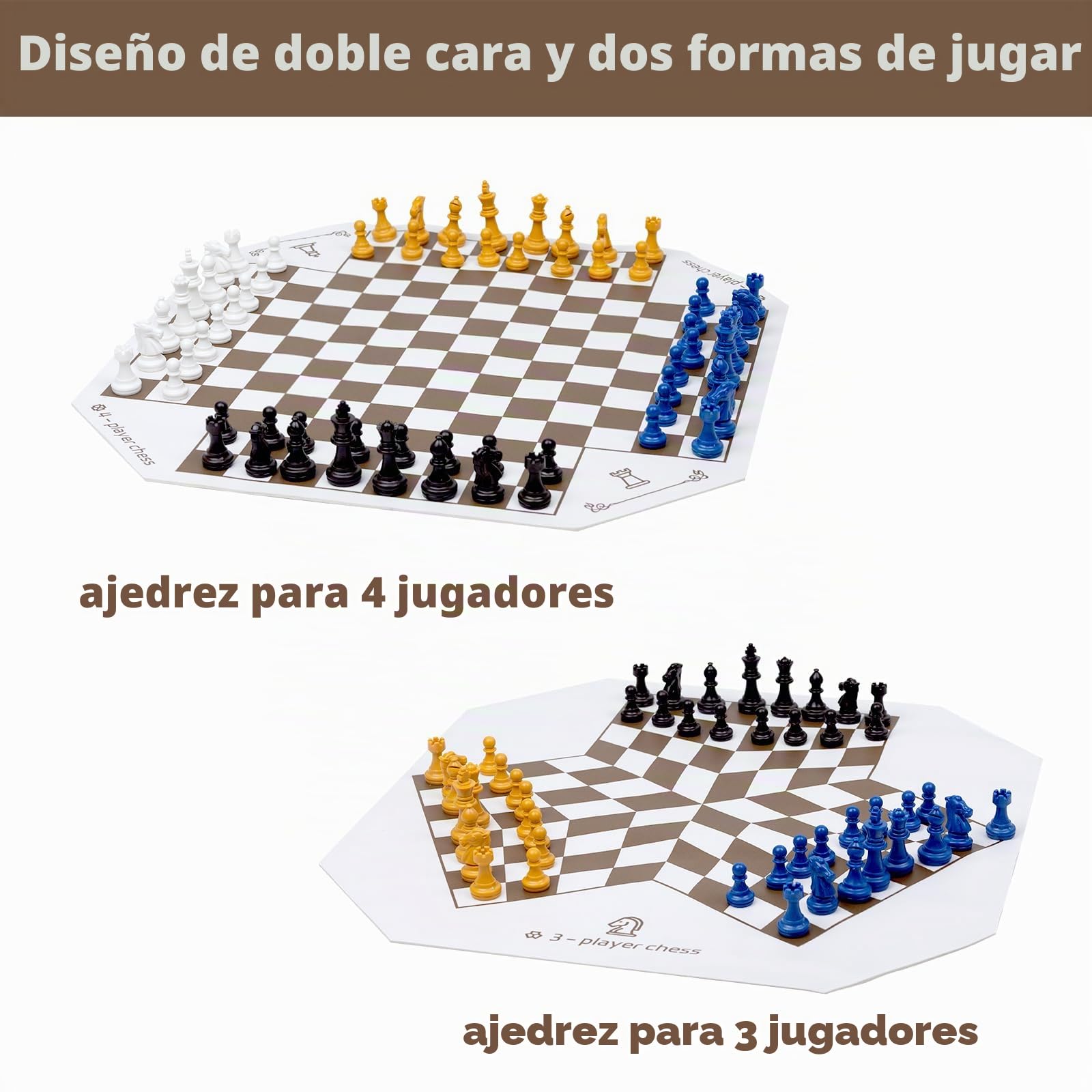 Juego de mesa de ajedrez para 3 o 4 jugadores, juego de ajedrez colorido de 64 piezas, juego de ajedrez para equipo con una alfombrilla de juego de cuero