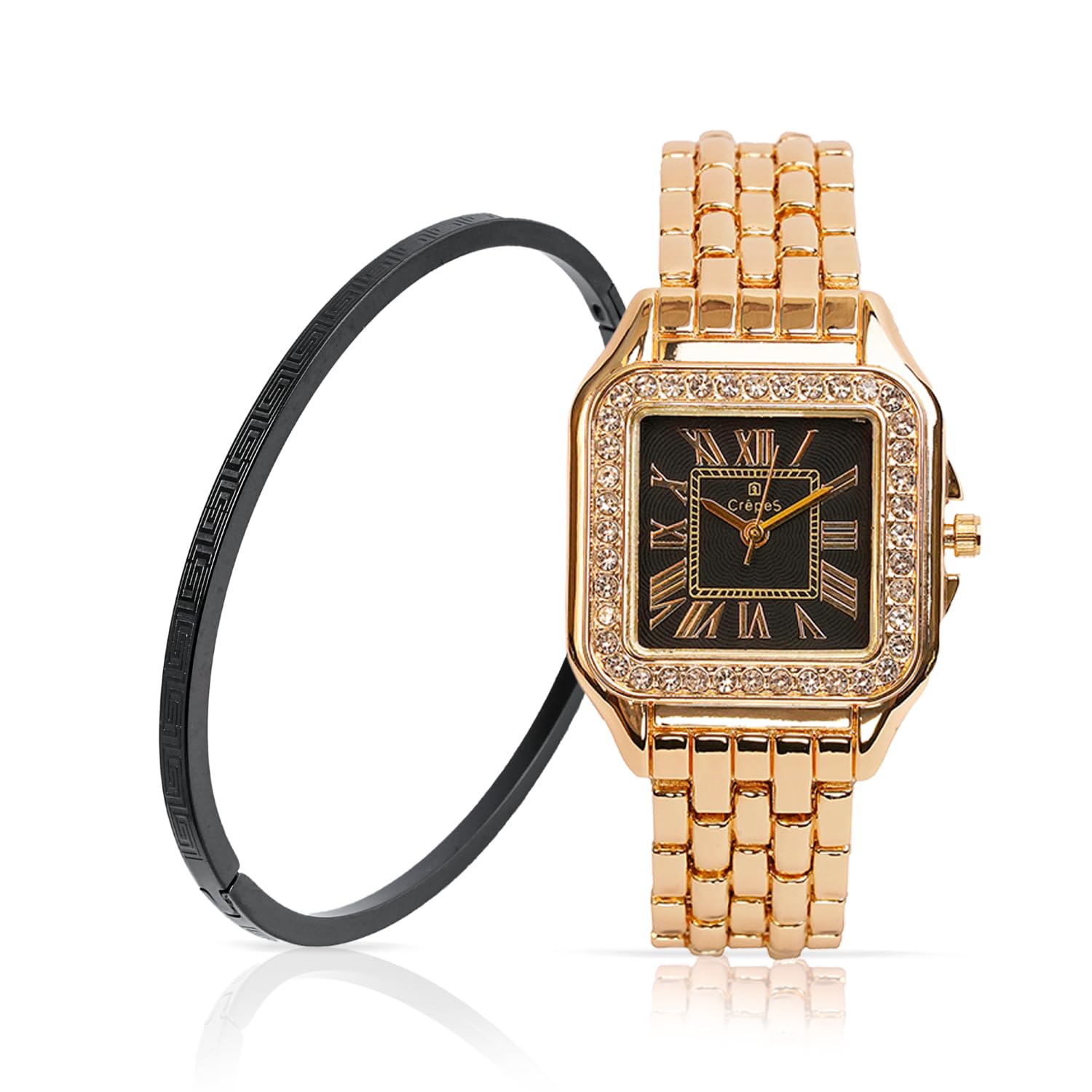 CrepeS Stylish Cartella Analog Watch Gold-Black & Verce Bracelet Black Stack for Women (B0D3L4RQPT) Amazon Price History, Amazon Price Tracker