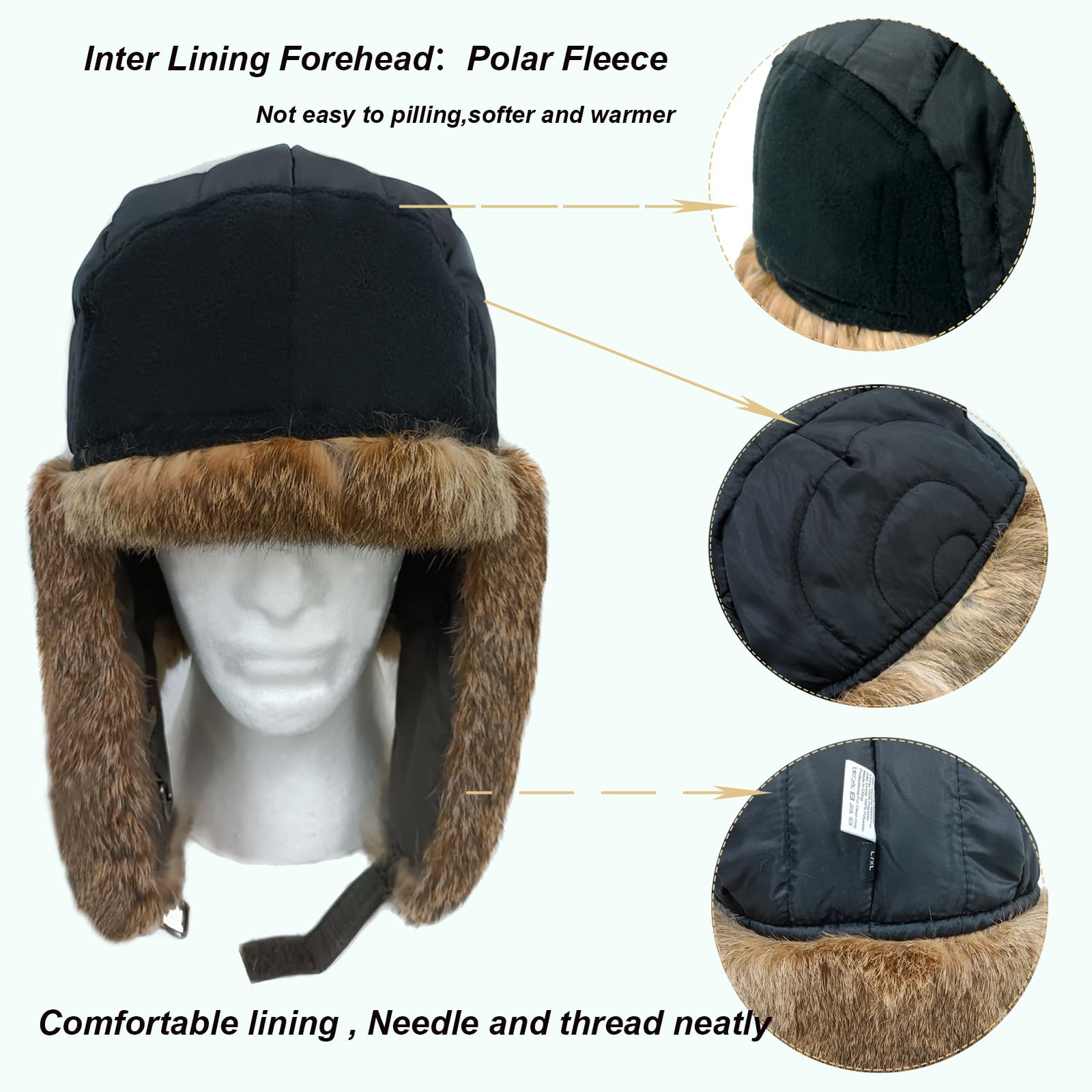 HEYANN Russian Hut Fliegermütze Herren, Kaninchenfell Ushanka Russenmütze Wintermütze Trappermütze Herren Fuzzy Winter Fellmütze mit Ohrenklappen Warme Russenmütze Mütze
