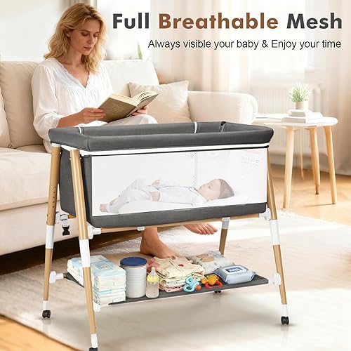 Miniatura 5 de Cuna de bebé, cuna de noche 3 en 1 para recién nacido, cuna portátil con 4 ruedas desmontables y altura ajustable, malla transpirable y colchón,