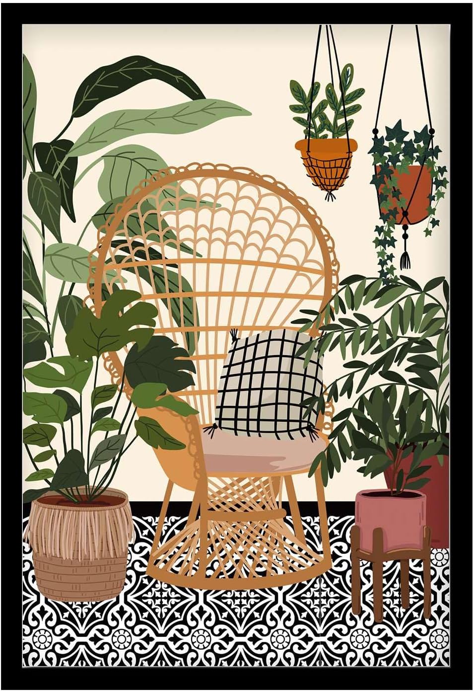 Poster Decorative Canvas Painting Garden Patio Retro Tile Botanical Plants Art Print Hanging Macrame Eclectic Gallery Checkerboard Home Decor Bedroom and Kitchen Office Wall Decoration 8x12inch Solid wood