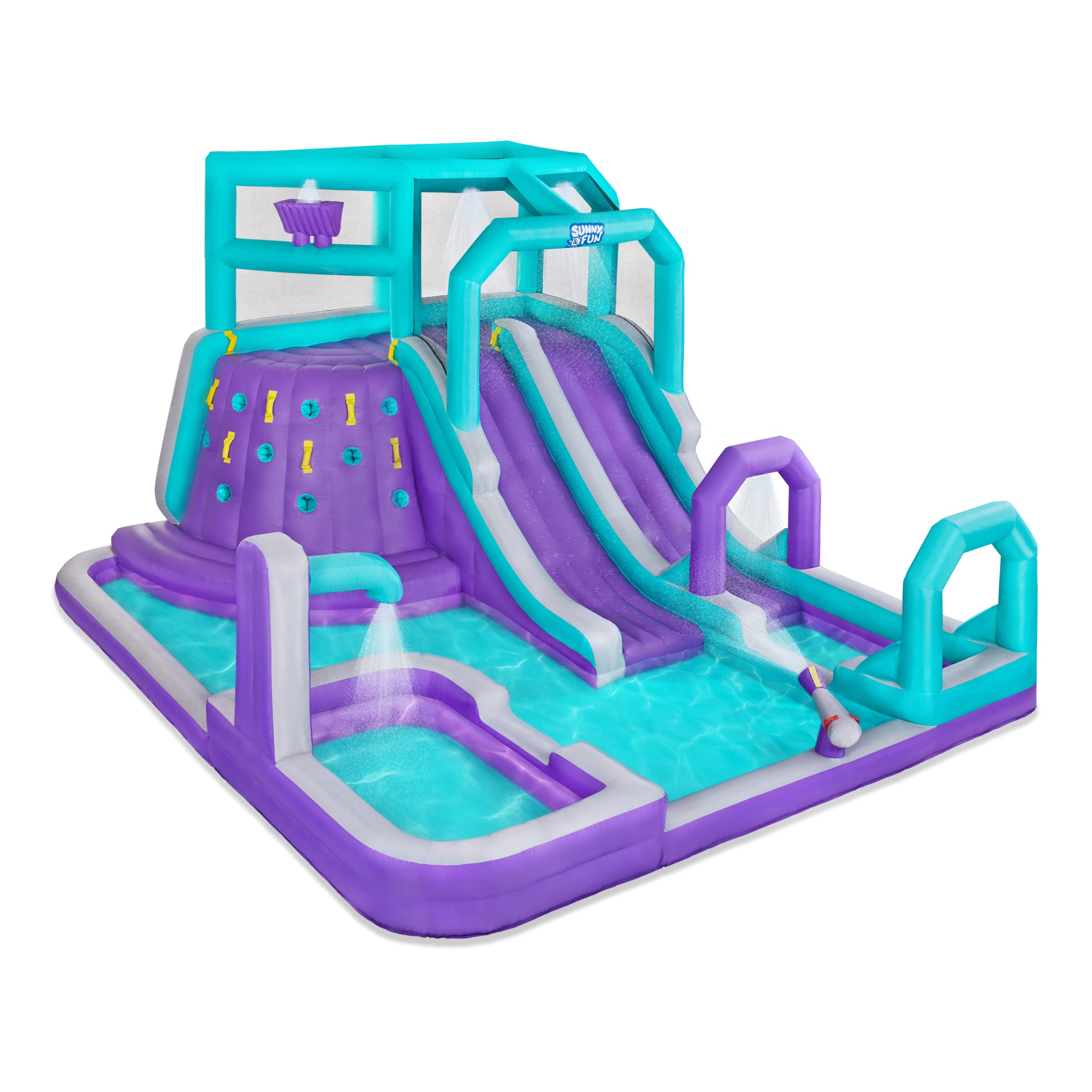 Amazon Com Sunny Fun Mega Climb N Go Inflatable Water Slide Park Heavy Duty For Outdoor Fun Climbing Wall 2 Slides Splash Deep Pool Easy To Set Up