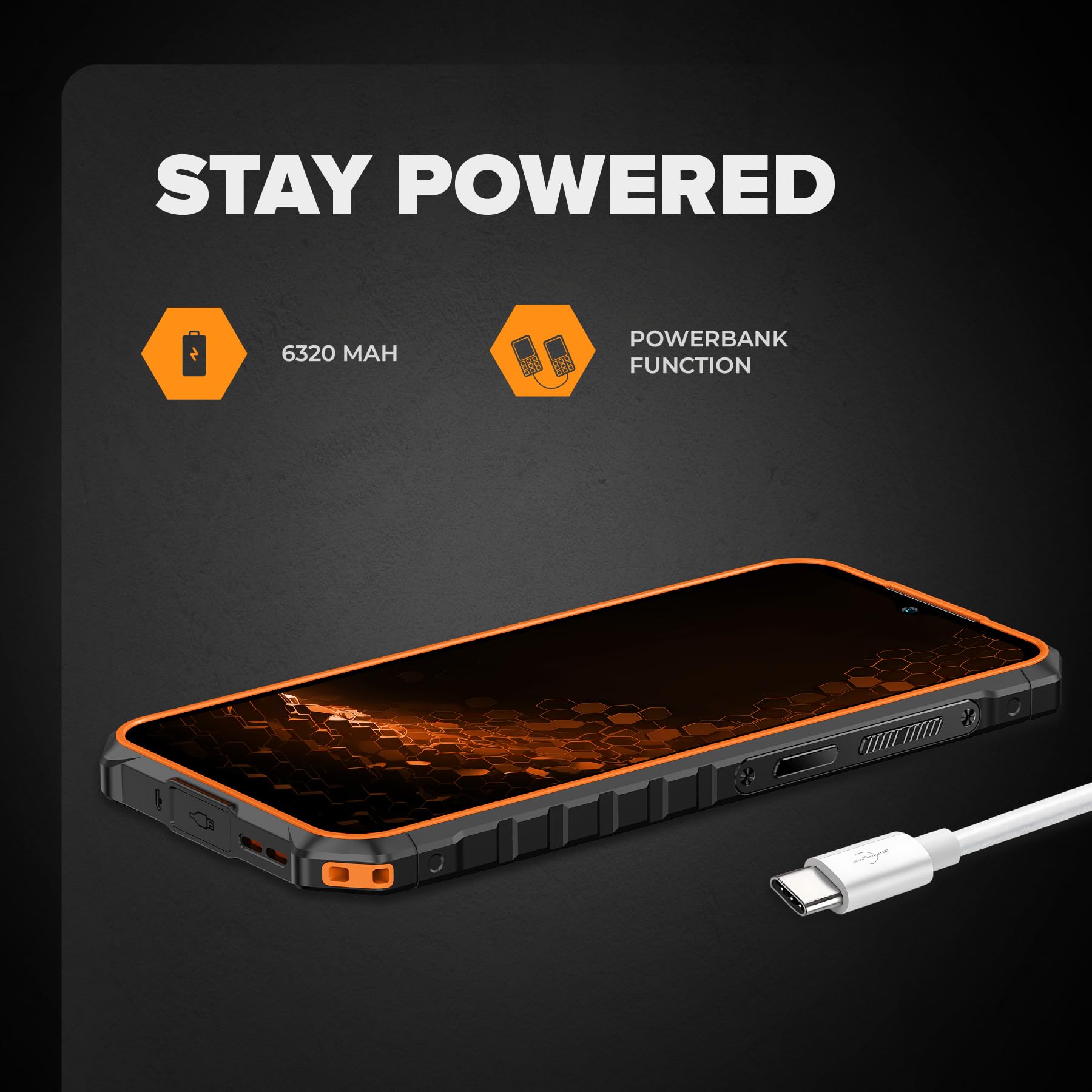 Hammer Iron V 6GB/64GB Telefono Indistruttibile, Camera 50 MP + Visione Notturna 24 MP, Batteria 6320 mAh, NFC, Smartphone Rugged Con Dual SIM, IP69, Display 6,5", Nero/Arancione