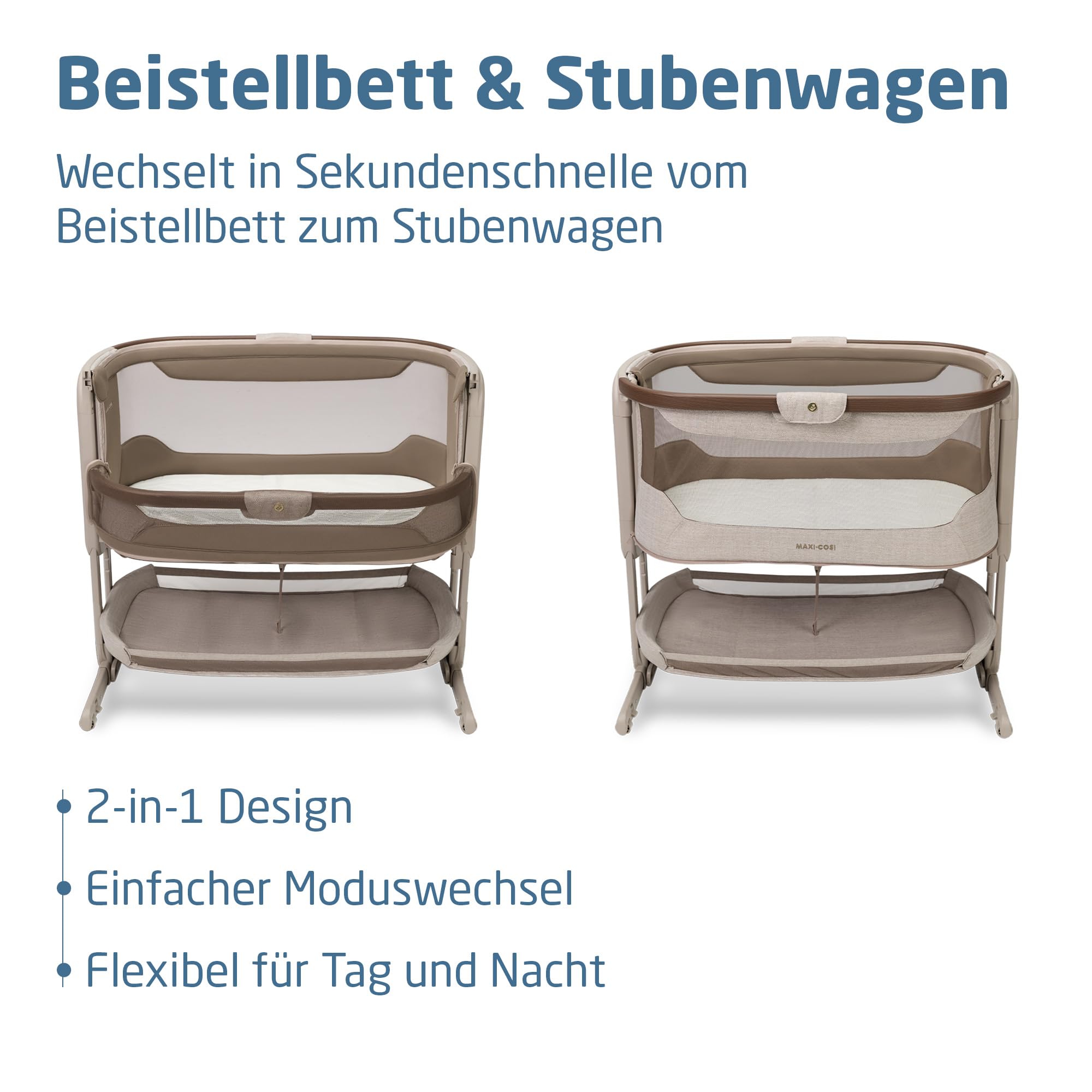 Maxi Cosi Iora Select Baby Stubenbett, 0–6 Monate (9 kg), Faltbares Beistellbett Schaukelnd/Schaukelbett, CloudCore-Matratze 3 cm, 5 Höhenstufen, 4 Leichtgängige Rollen, Easy Slide, Elegance Truffle