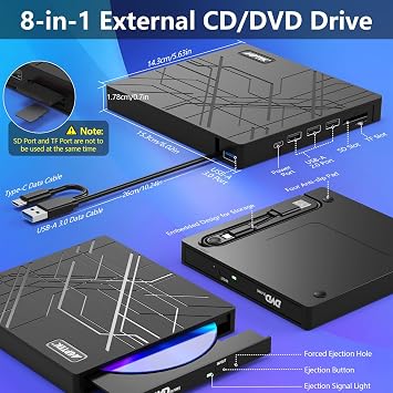 AGPTEK 8 in 1 External CD/DVD Drive for Laptop, USB 3.0 Ultra Slim Portable CD Burner with 4 USB Ports and 2 TF/SD Card Slots, External DVD Drive Compatible with Mac, PC, Windows 11/10/8/7, Linux