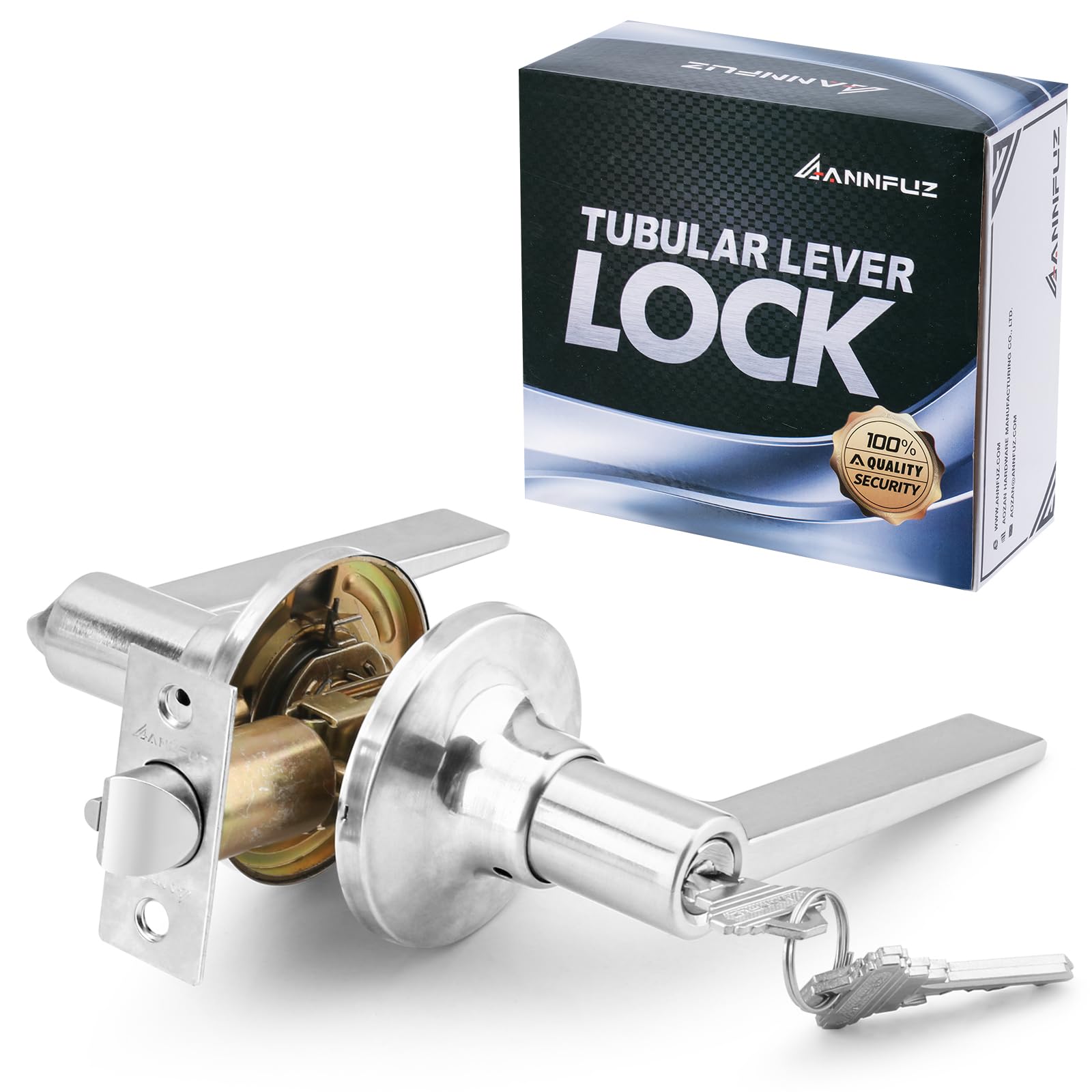 Annfuz Satin Nickel Entrance Door Handle Lock With Keys, Reversible Door Lever For Right & Left Side,Perfect For Interior Exterior Front Door,Office,Bedoom,Not Keyed Alike Entry Door Lock,