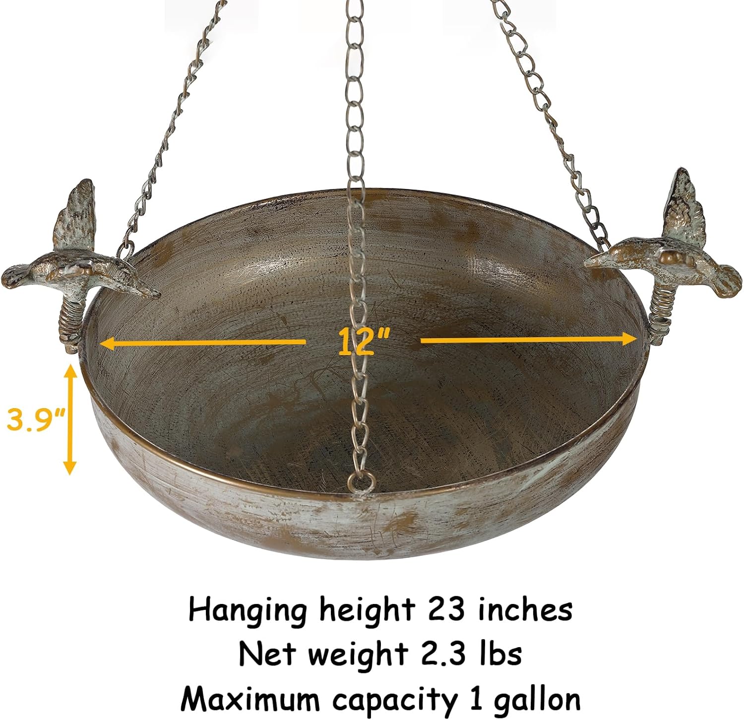 Hanging Bird Bath Feeder for Outdoor, 23" H Metal Birdbath with Cast Iron Bird Decor, Vintage Tray for Garden Yard Patio, Green