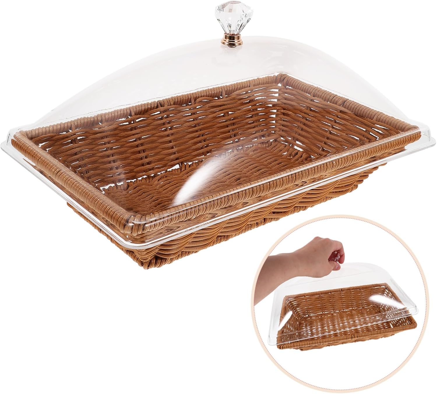 1Set Woven Storage Basket with Transparent Lid Versatile Food Preservation Basket for Fruits Vegetables and Breads for Parties and Kitchen Display